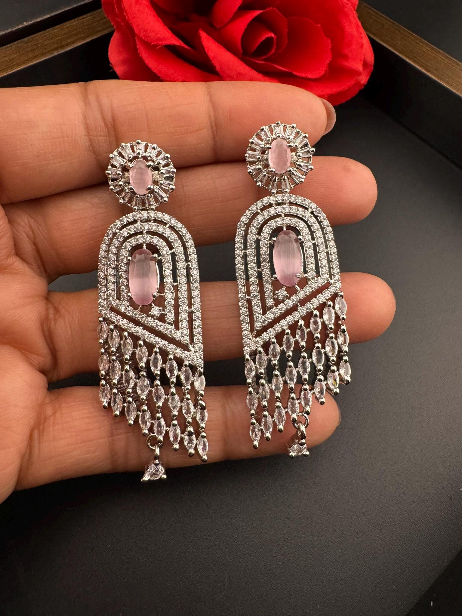 Premium Cubic Zirconia and Natural stone in silver color is designer Inspired Statement Long earrings/Partywear bridal/high shine/Statement