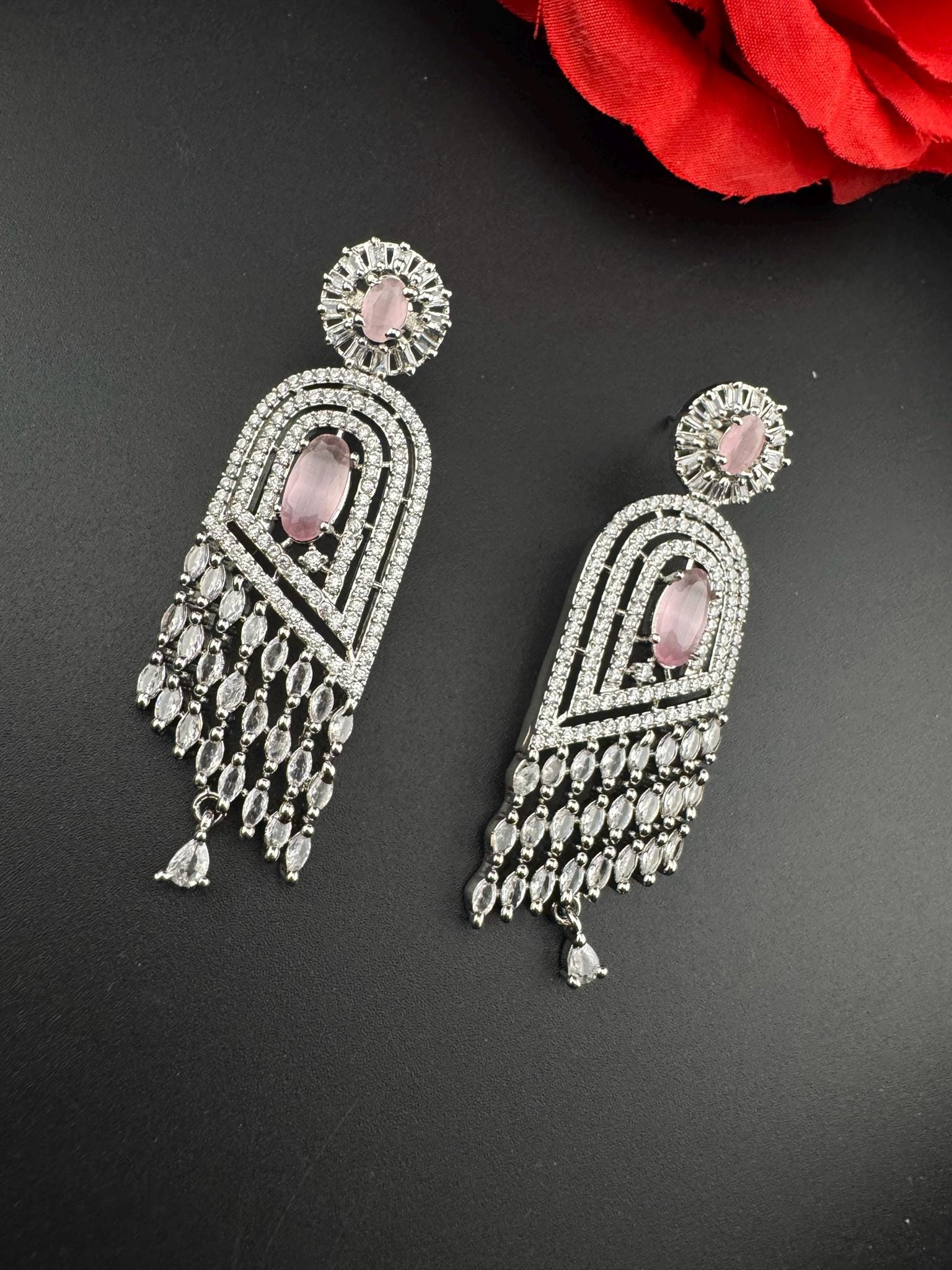 Premium Cubic Zirconia and Natural stone in silver color is designer Inspired Statement Long earrings/Partywear bridal/high shine/Statement