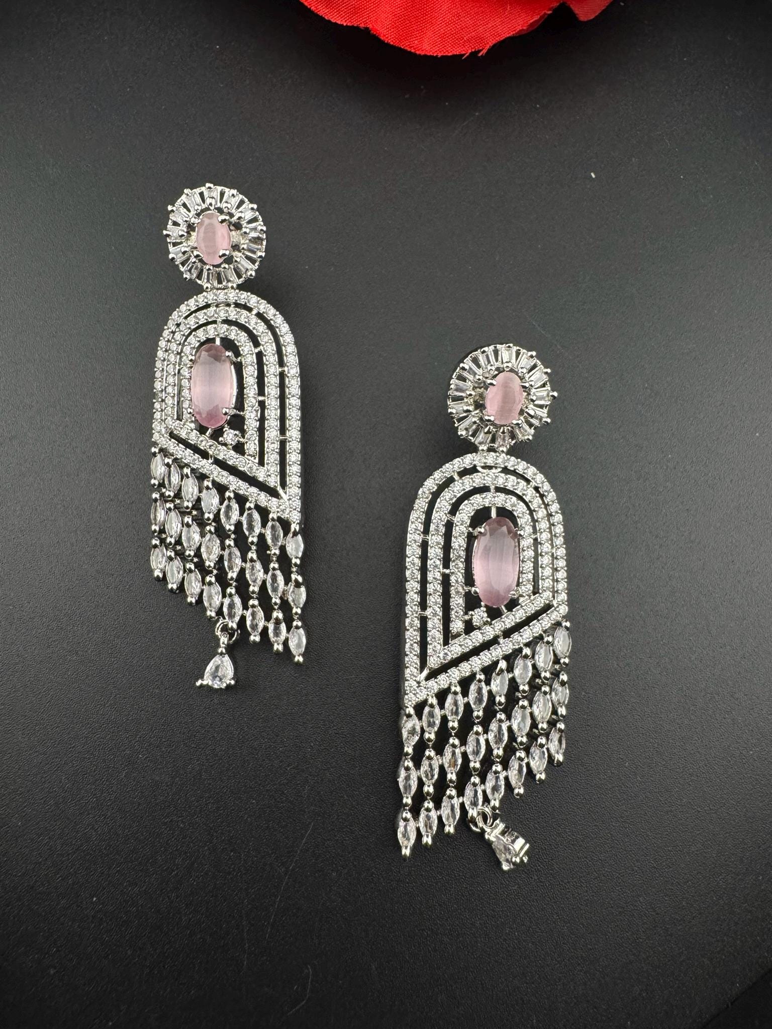 Pink Premium silver color Cubic Zirconia and Natural stone Long earrings