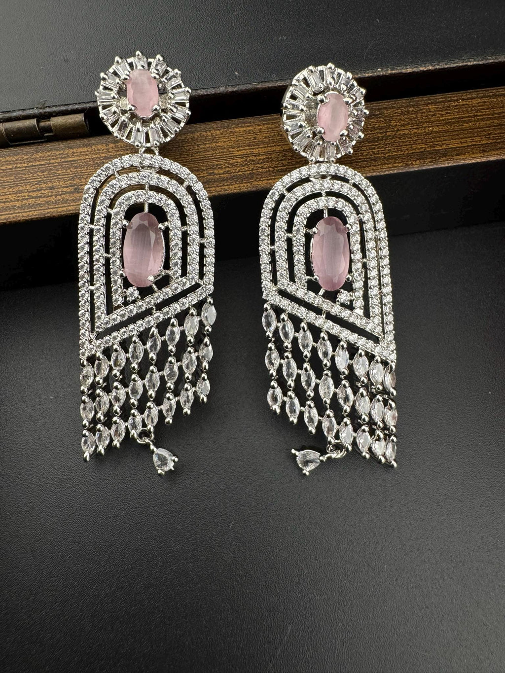 Pink Premium silver color Cubic Zirconia and Natural stone Long earrings