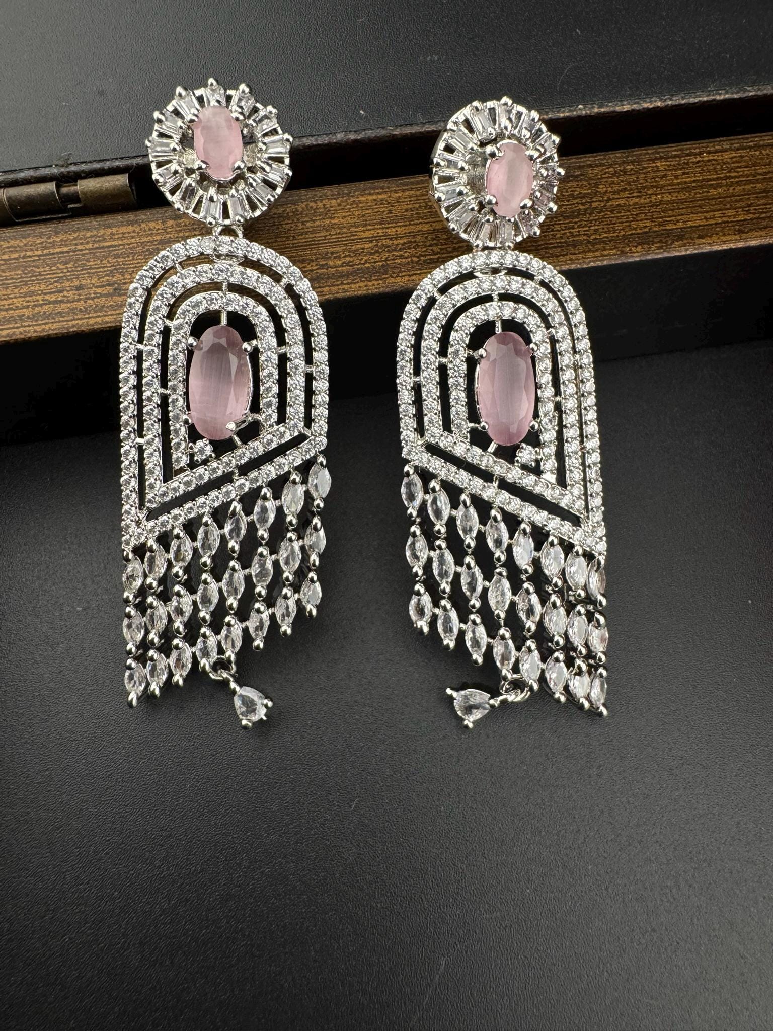 Premium Cubic Zirconia and Natural stone in silver color is designer Inspired Statement Long earrings/Partywear bridal/high shine/Statement