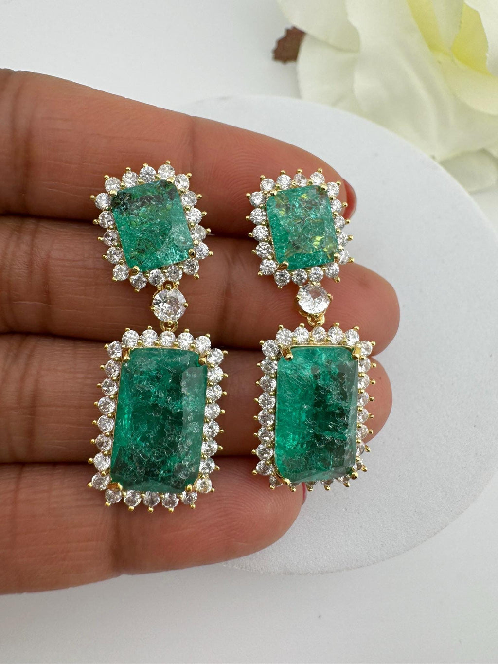 Sea Green Natural Doublet stone and Cubic Zirconia Premium Dangle earrings