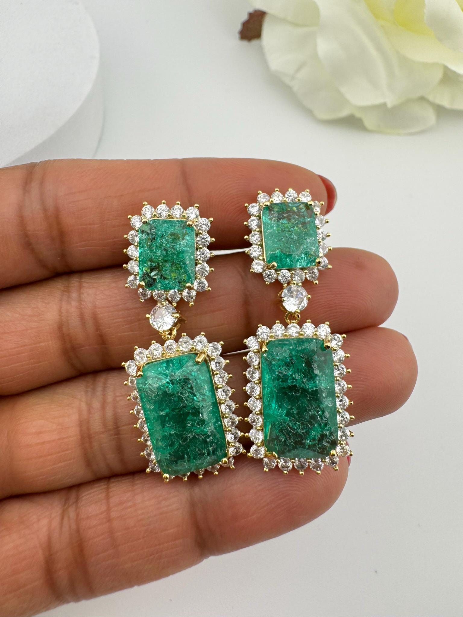 Sea Green Natural Doublet stone and Cubic Zirconia Premium Dangle earrings