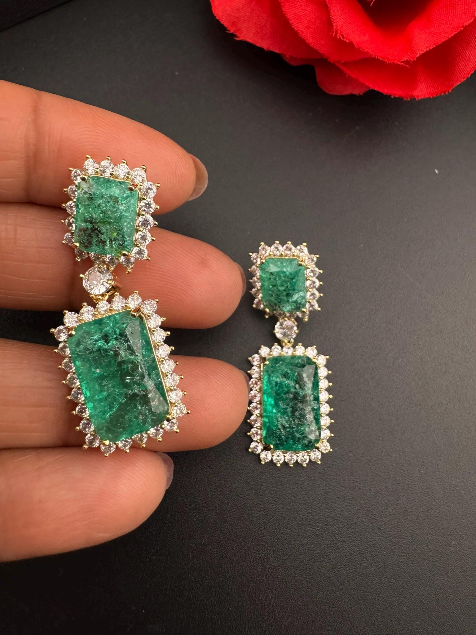 Sea Green Natural Doublet stone and Cubic Zirconia Premium Dangle earrings