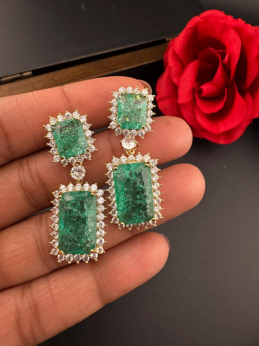 Sea Green Natural Doublet stone and Cubic Zirconia Premium Dangle earrings