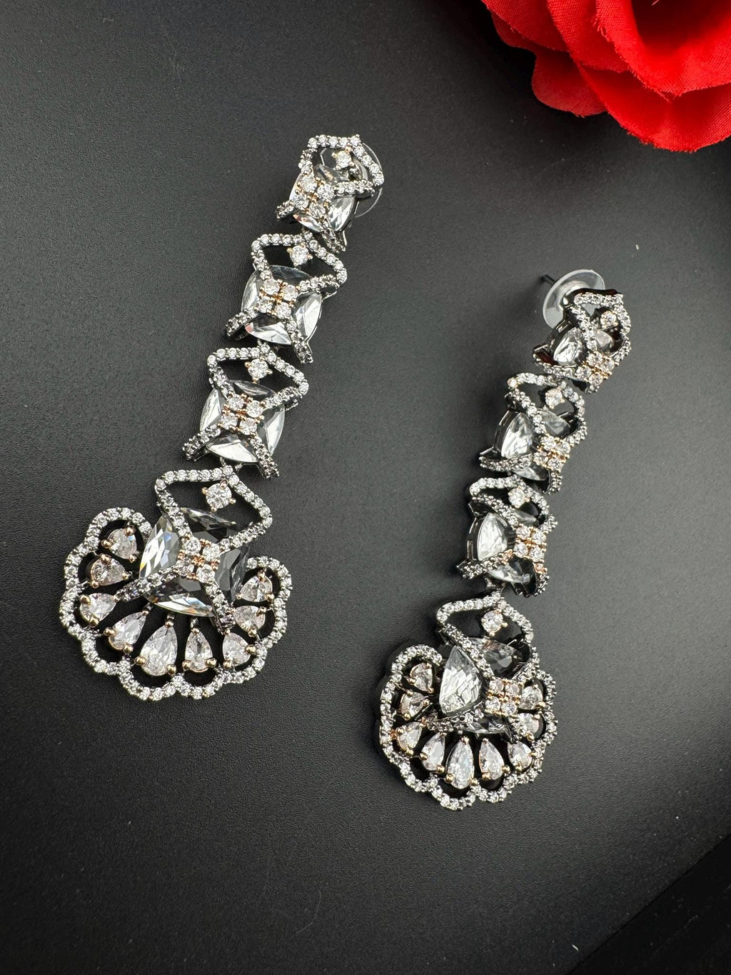Premium Victorian Rose Gold Nano Setting Cubic Zirconia and Clear stones Long earrings