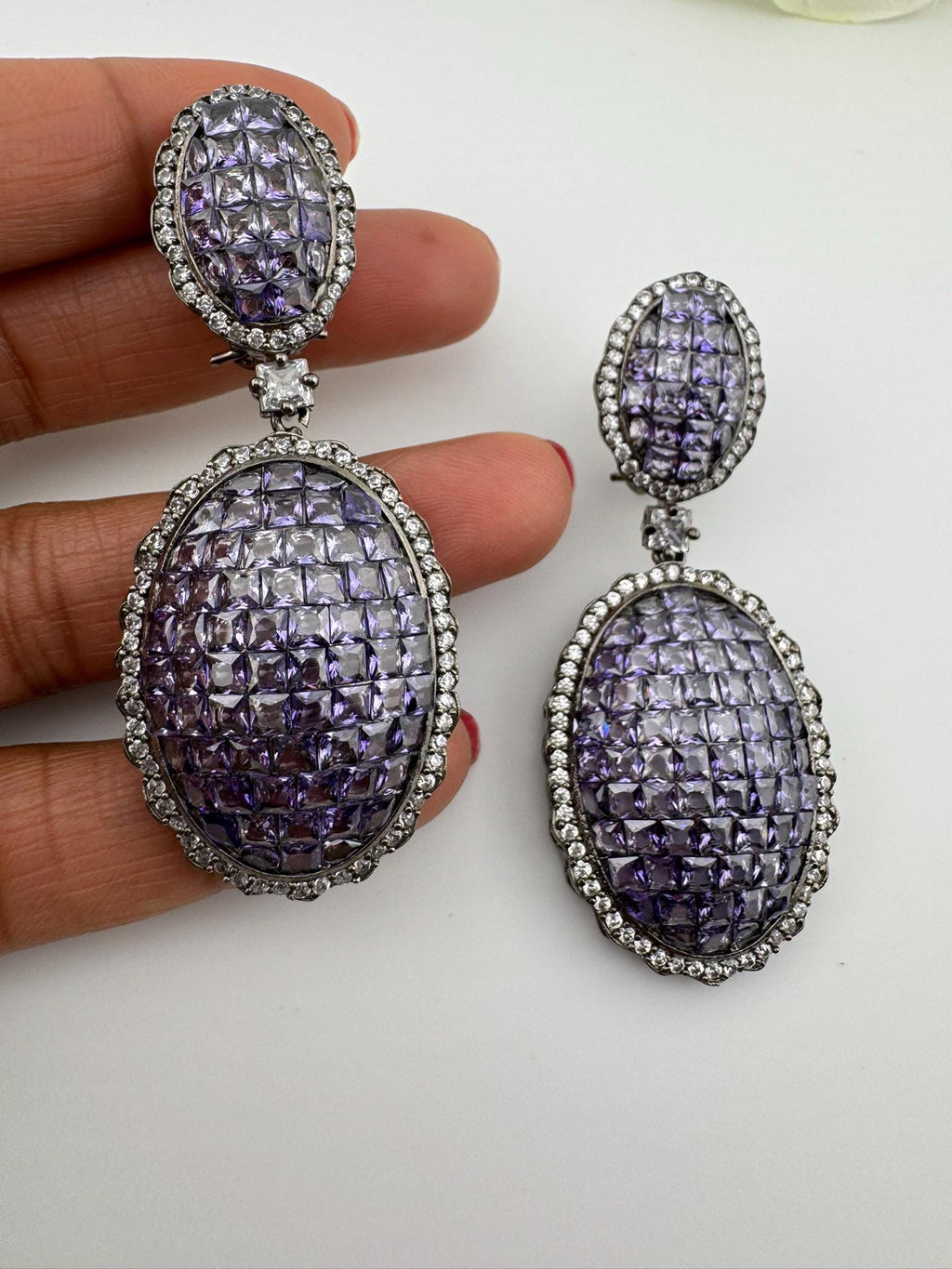 Premium Victorian Lavender Nano Setting Cubic Zirconia and Crystal stones long Drop earrings
