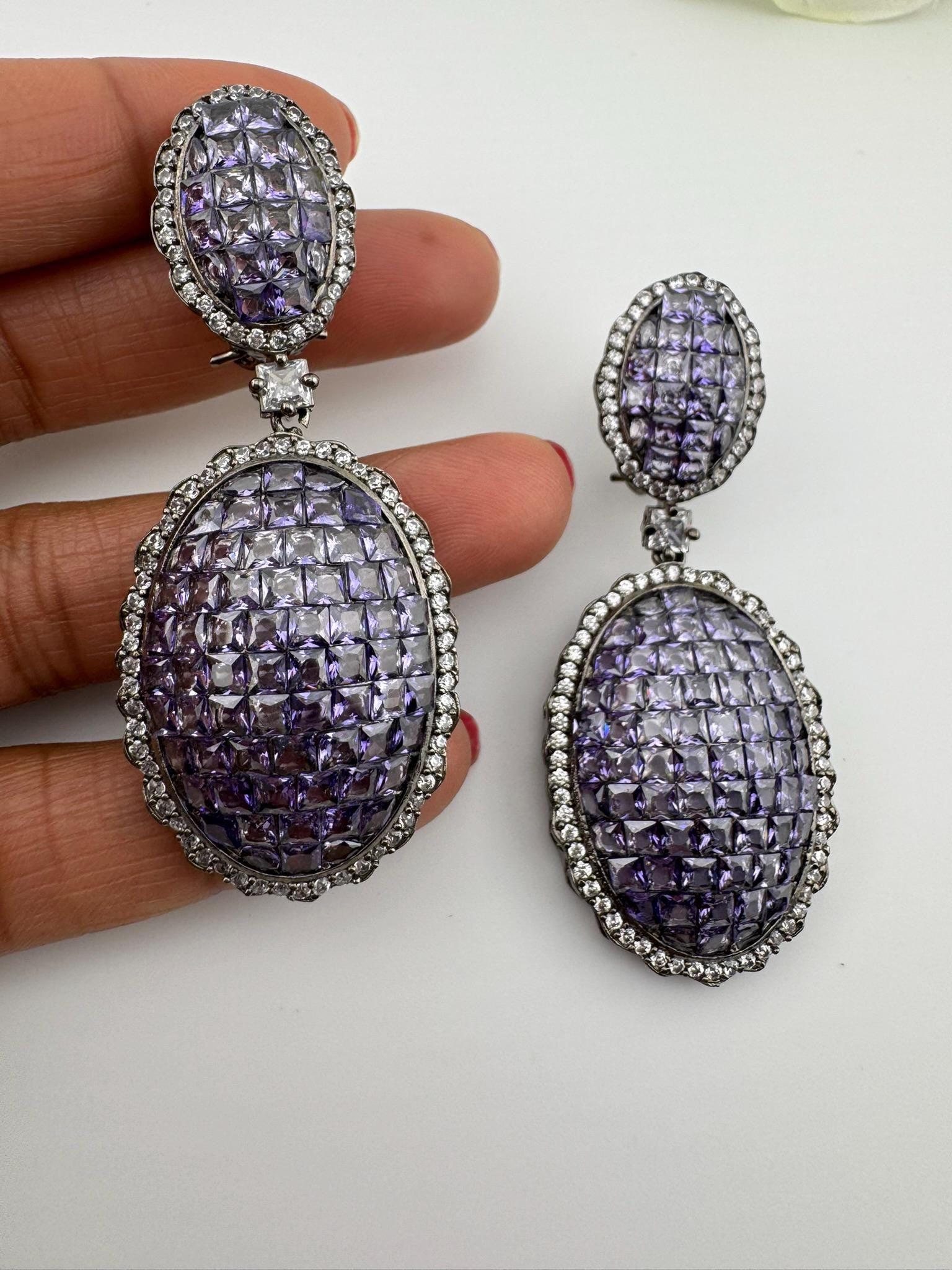 Premium Nano Setting Cubic Zirconia, Lavender Crystal stones in Unique setting is Victorian stylish designer Inspired Statement long earring