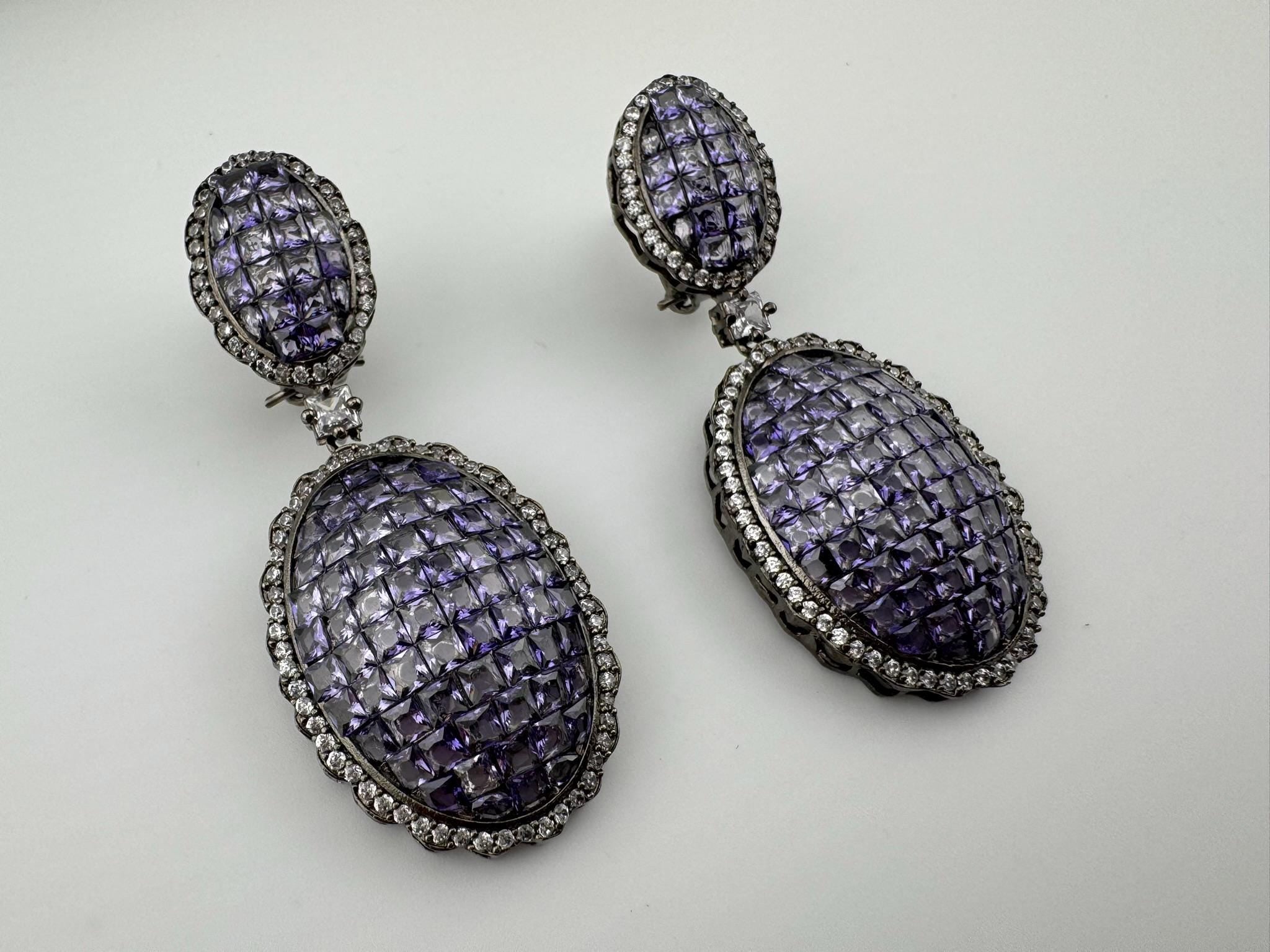 Premium Nano Setting Cubic Zirconia, Lavender Crystal stones in Unique setting is Victorian stylish designer Inspired Statement long earring