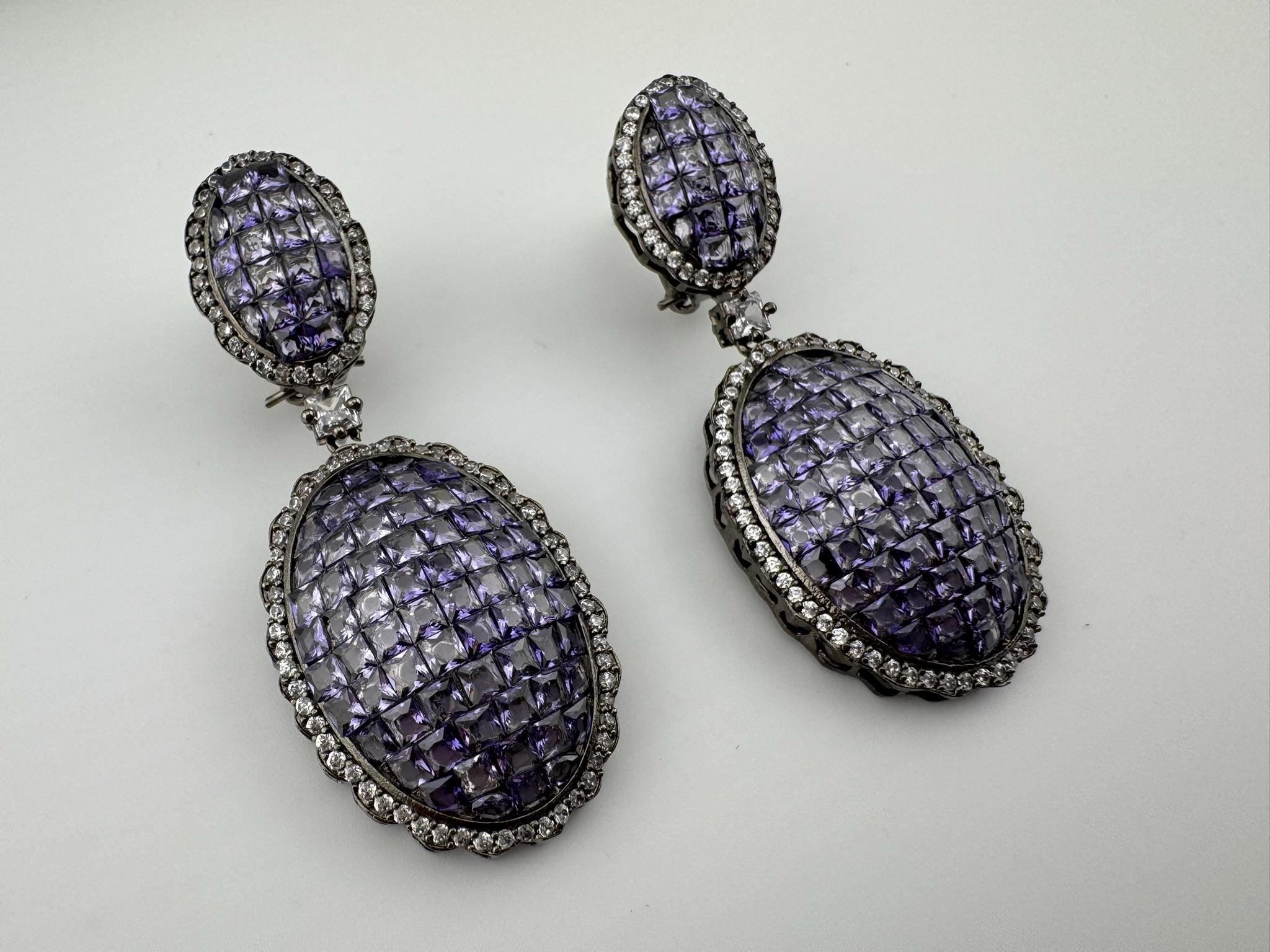 Premium Victorian Lavender Nano Setting Cubic Zirconia and Crystal stones long Drop earrings
