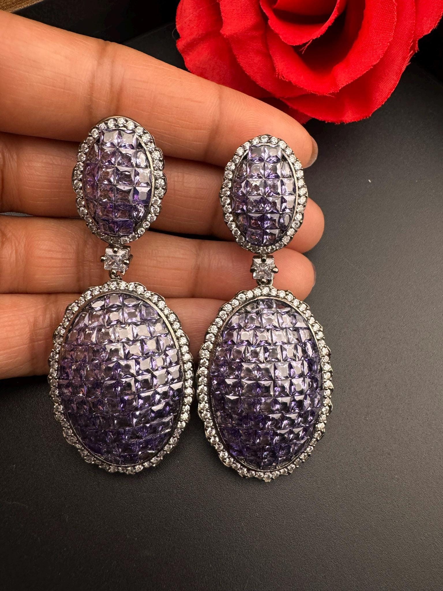 Premium Nano Setting Cubic Zirconia, Lavender Crystal stones in Unique setting is Victorian stylish designer Inspired Statement long earring