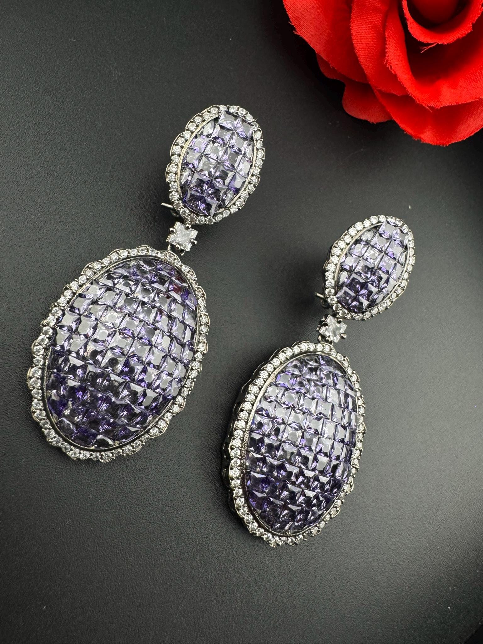 Premium Nano Setting Cubic Zirconia, Lavender Crystal stones in Unique setting is Victorian stylish designer Inspired Statement long earring