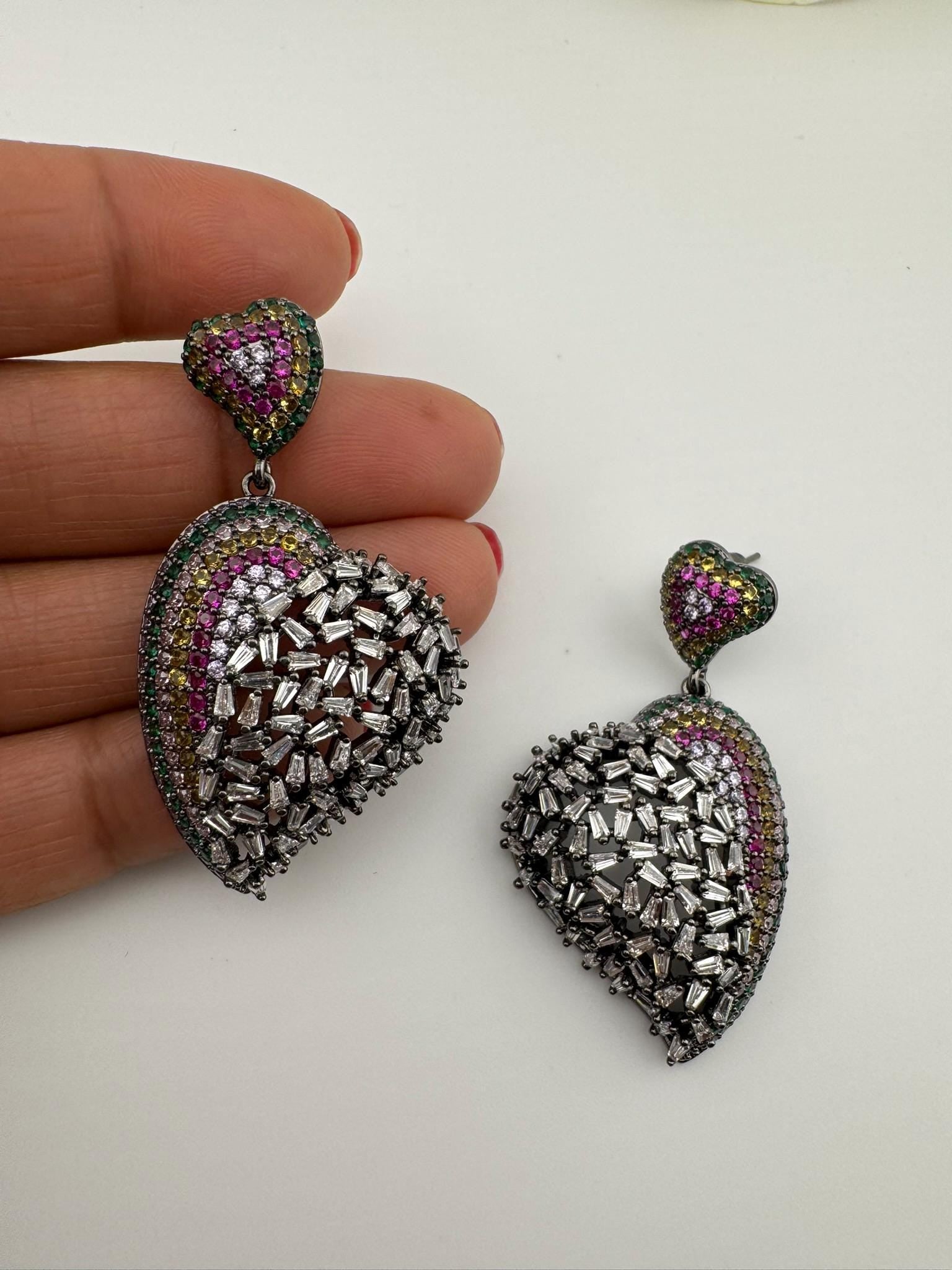 Premium Nano Setting Multicolor Cubic Zirconia, Crystal stones in Unique setting is Victorian designer Inspired Statement Heart earrings