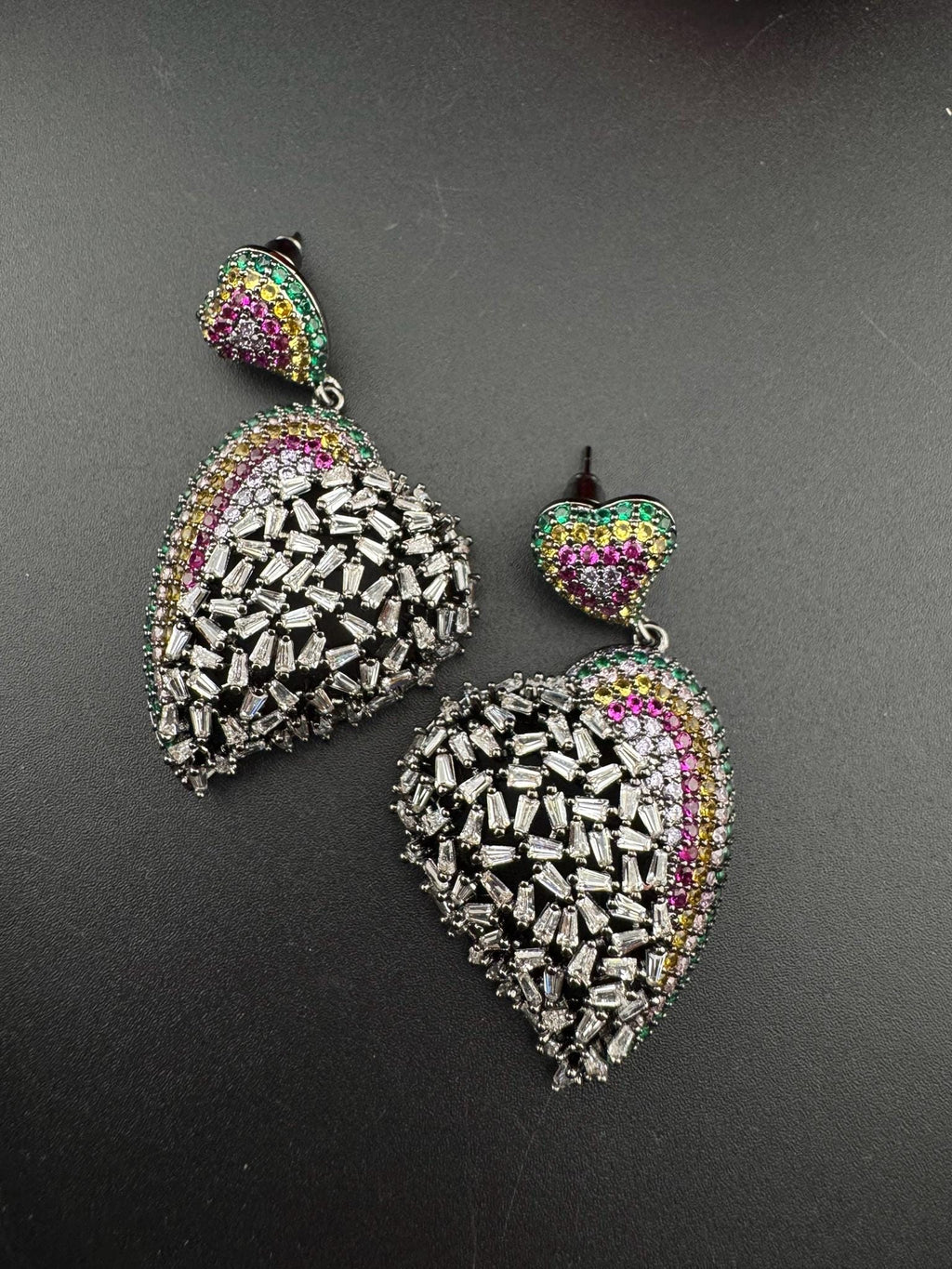 Premium Multicolor Nano Setting Cubic Zirconia and Crystal stones Victorian designer Heart earrings