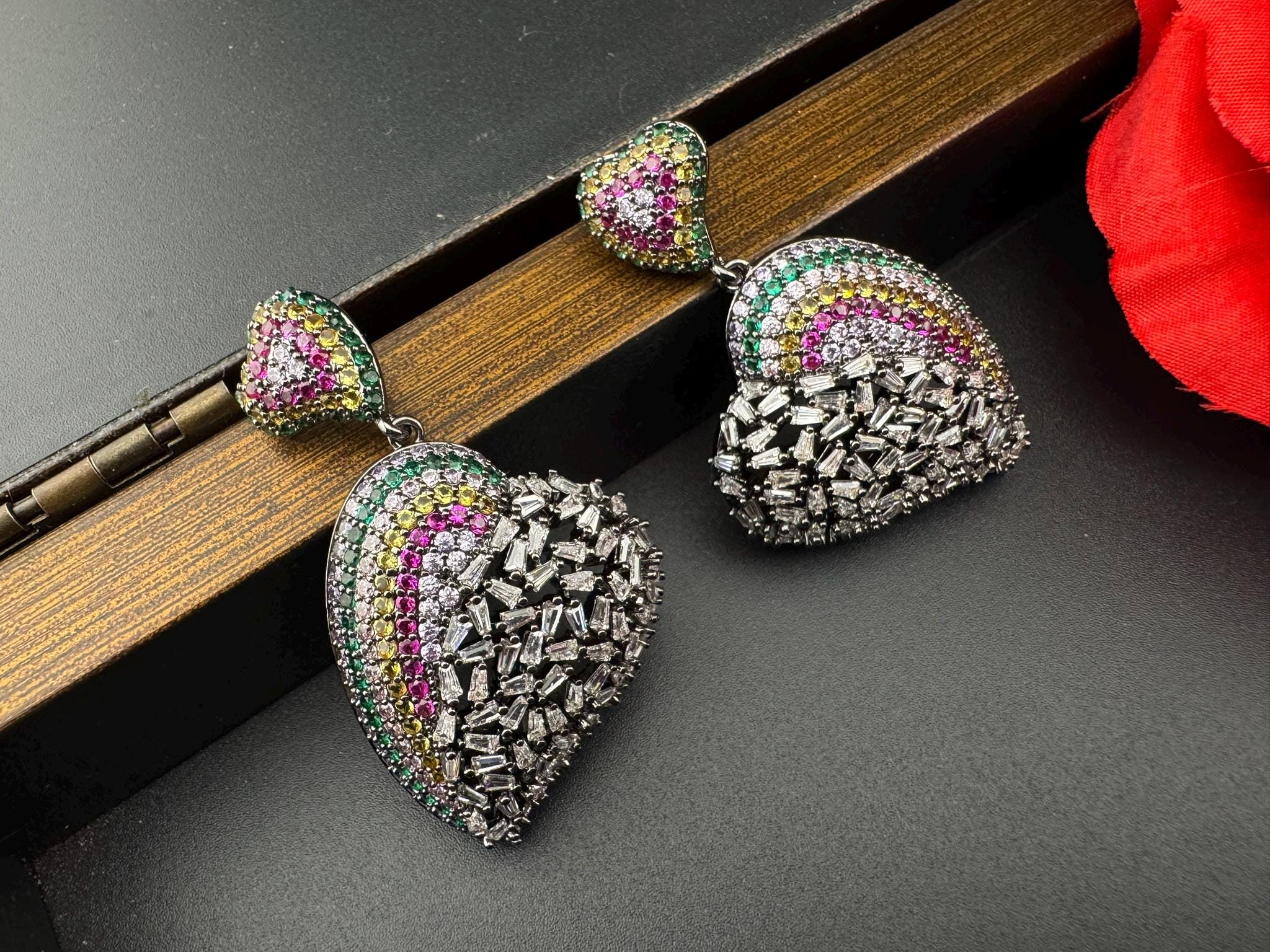 Premium Nano Setting Multicolor Cubic Zirconia, Crystal stones in Unique setting is Victorian designer Inspired Statement Heart earrings