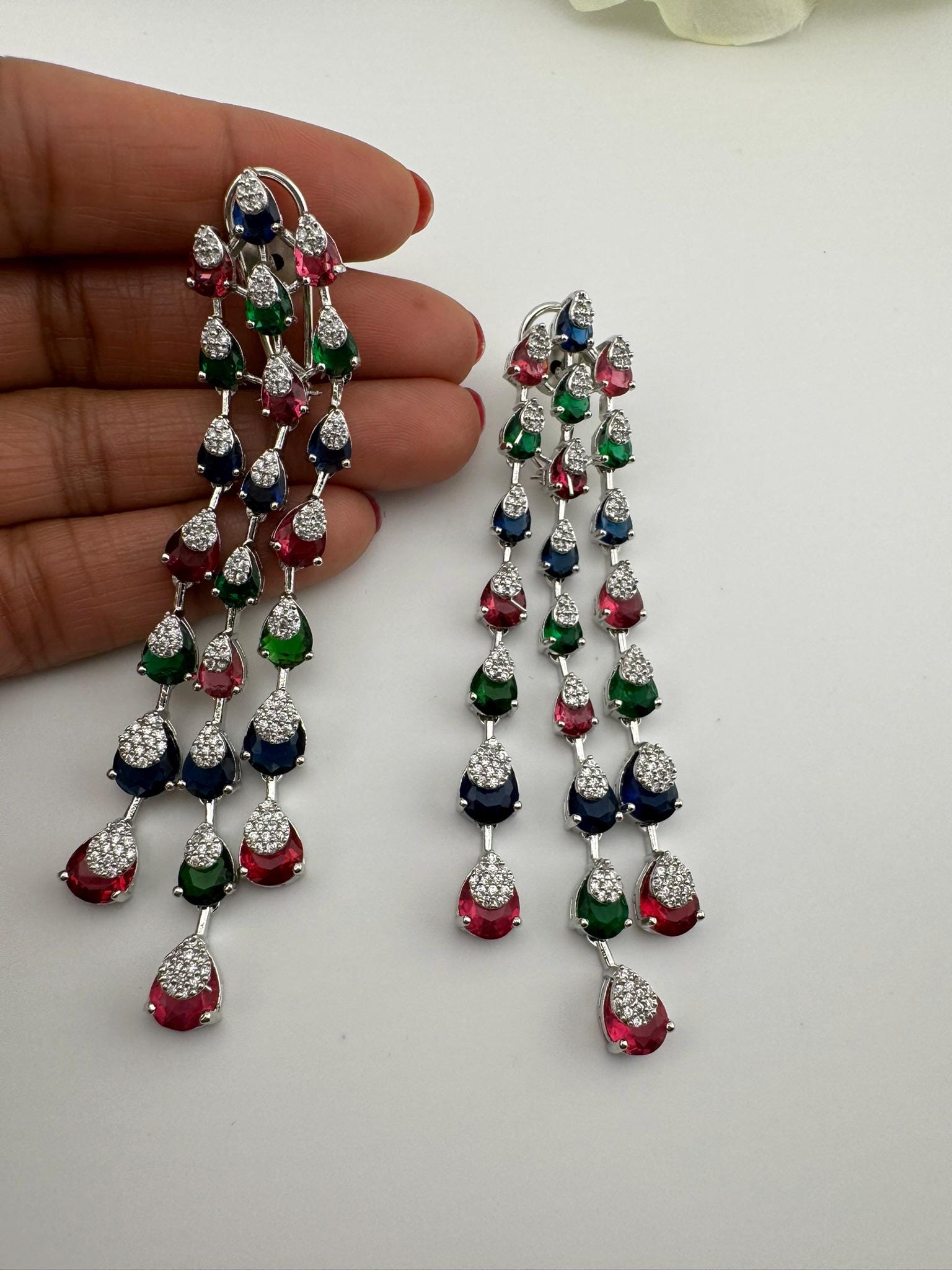 Premium Cubic Zirconia and Crystal stone in multicolor is designer Inspired Statement Long earrings/Partywear bridal/high shine/Statement