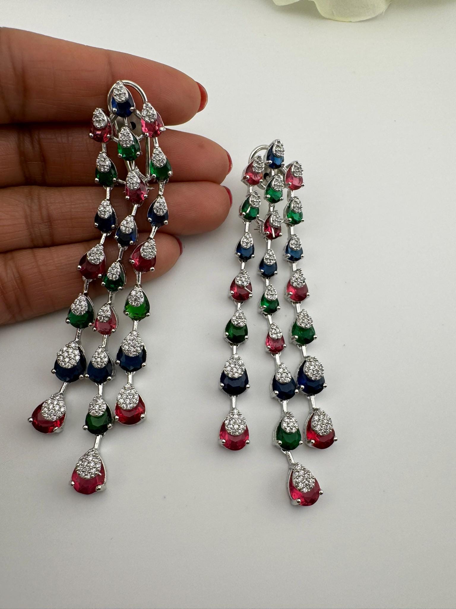 Premium Cubic Zirconia and Crystal stone in multicolor Statement Long earrings