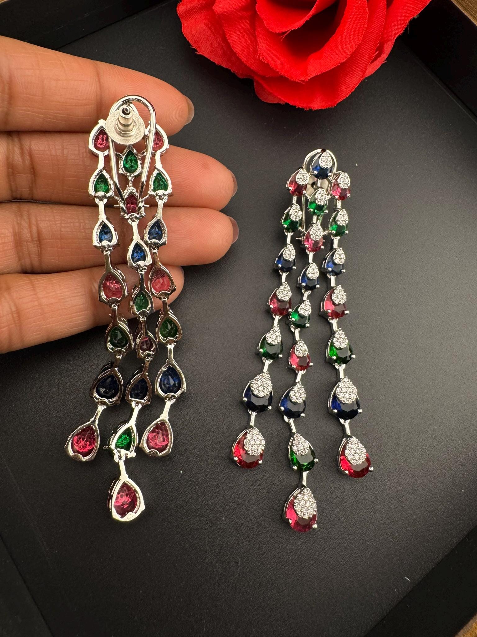 Premium Cubic Zirconia and Crystal stone in multicolor is designer Inspired Statement Long earrings/Partywear bridal/high shine/Statement