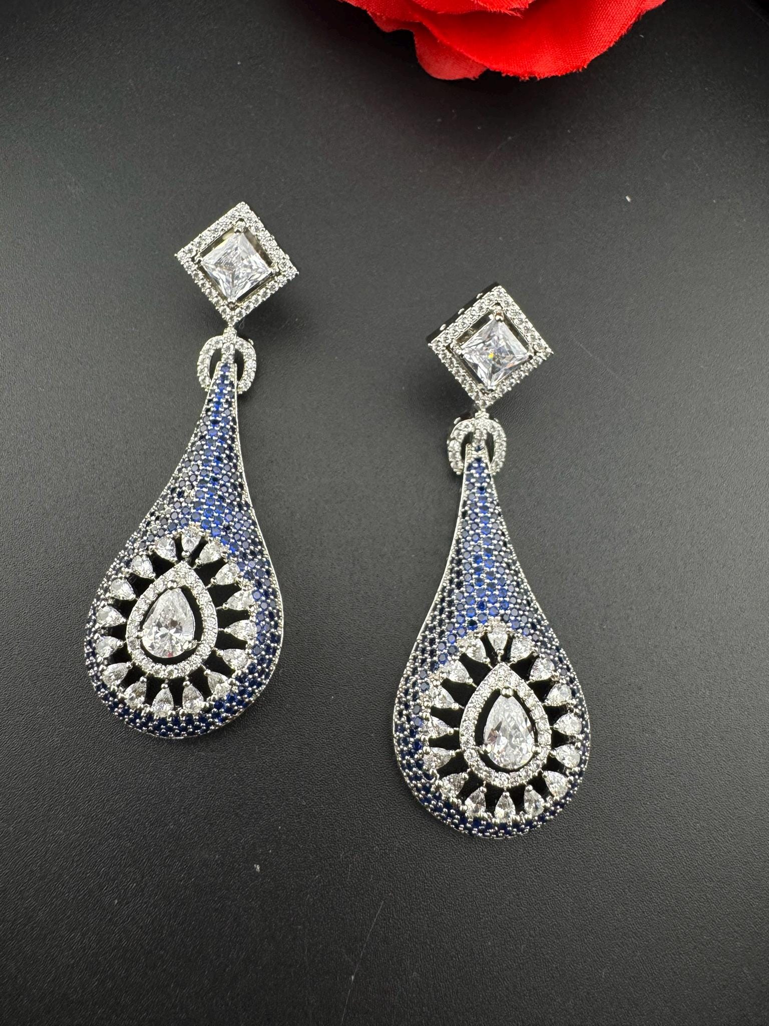 Blue Premium Nano Setting Cubic Zirconia Long Drop earrings with Clear crystal stones