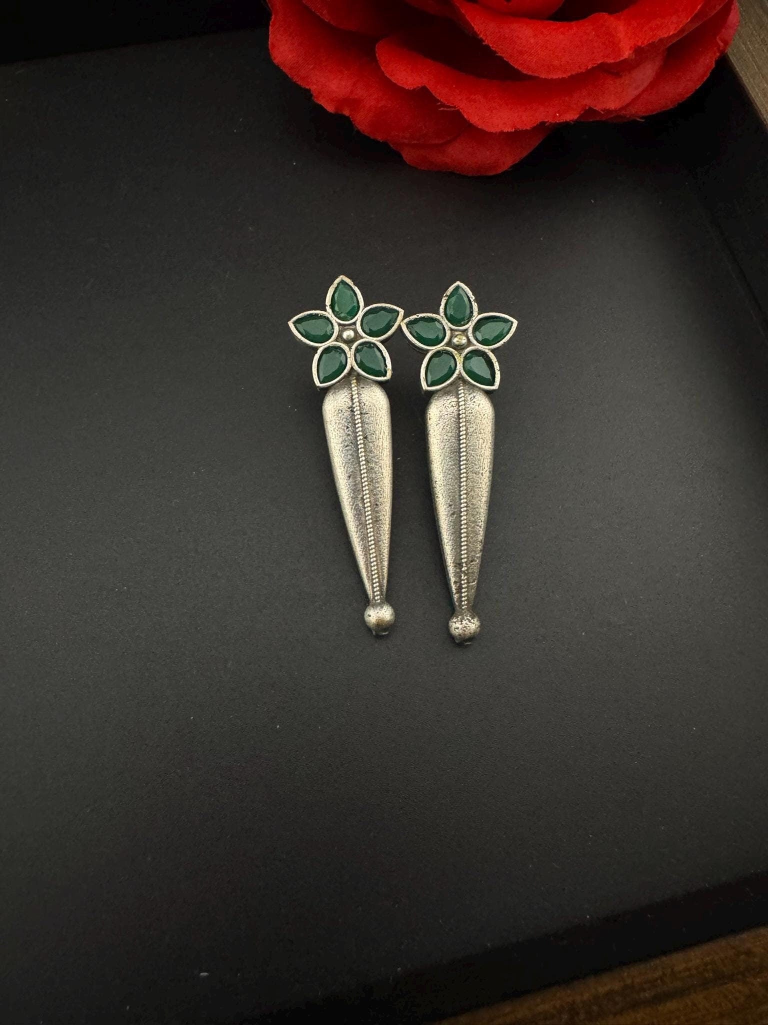 Oxidized German silver unique long stud earrings