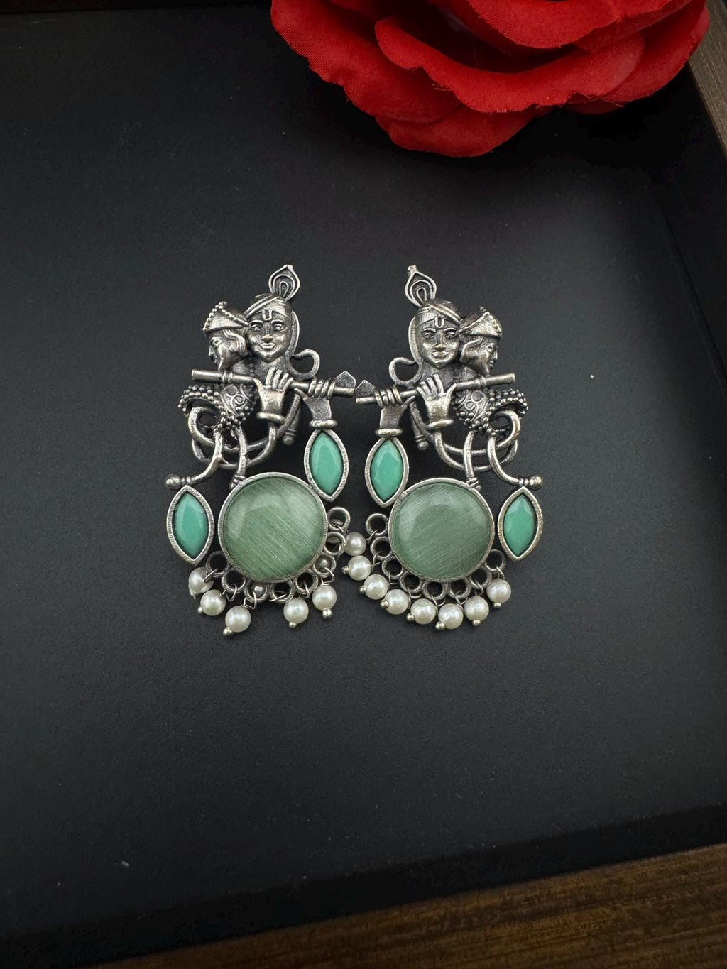 Silver Polish Oxidized German Silver Radhe Krishna Earrings with stones and Pearls