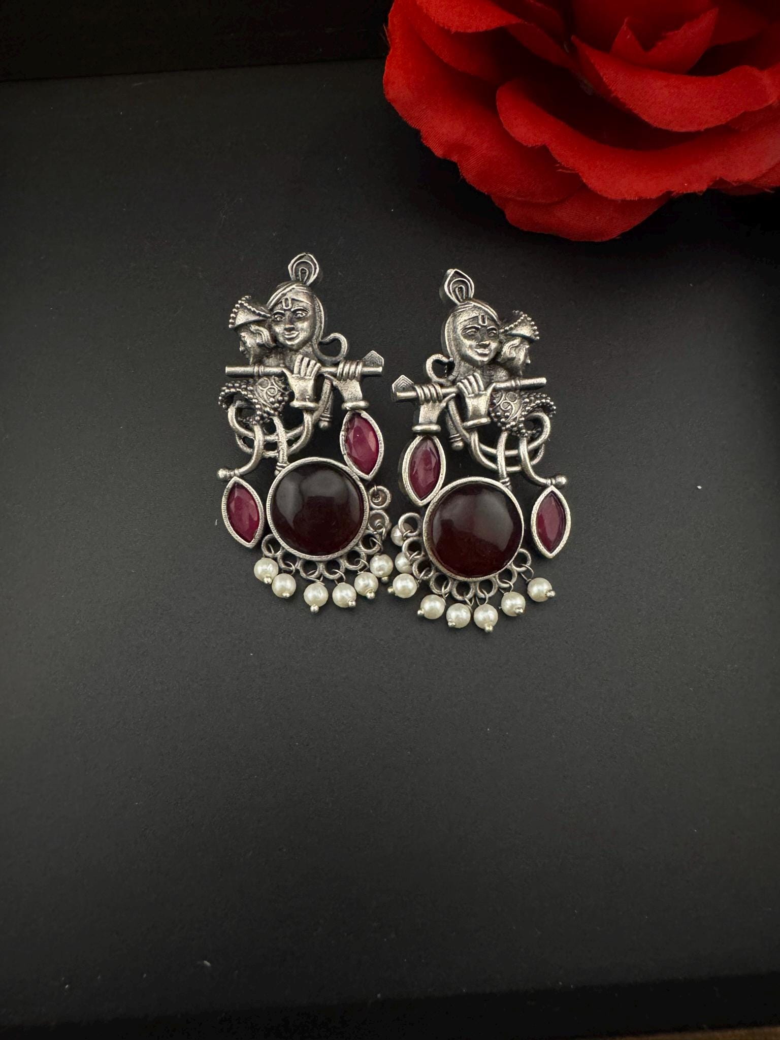 Silver Polish Oxidized German Silver Radhe Krishna Earrings with stones and Pearls