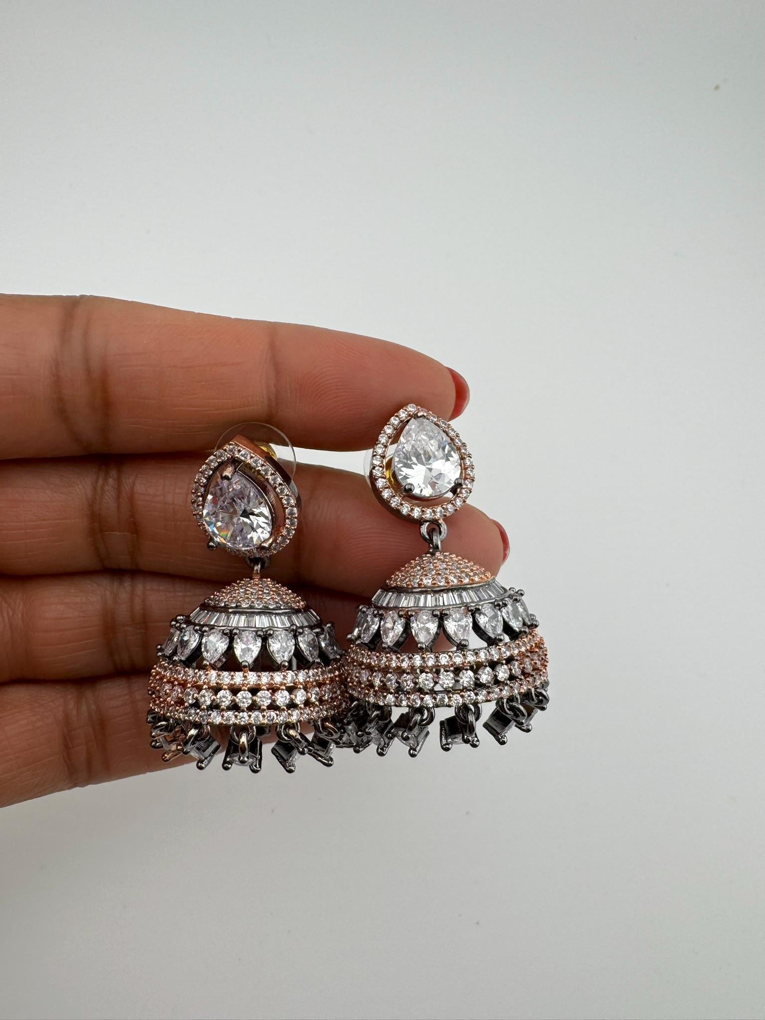 Premium Cubic Zirconia in unique setting Rose Gold color is Victorian designer Statement Jhumka earrings/Partywear bridal/high shine/Jhumki