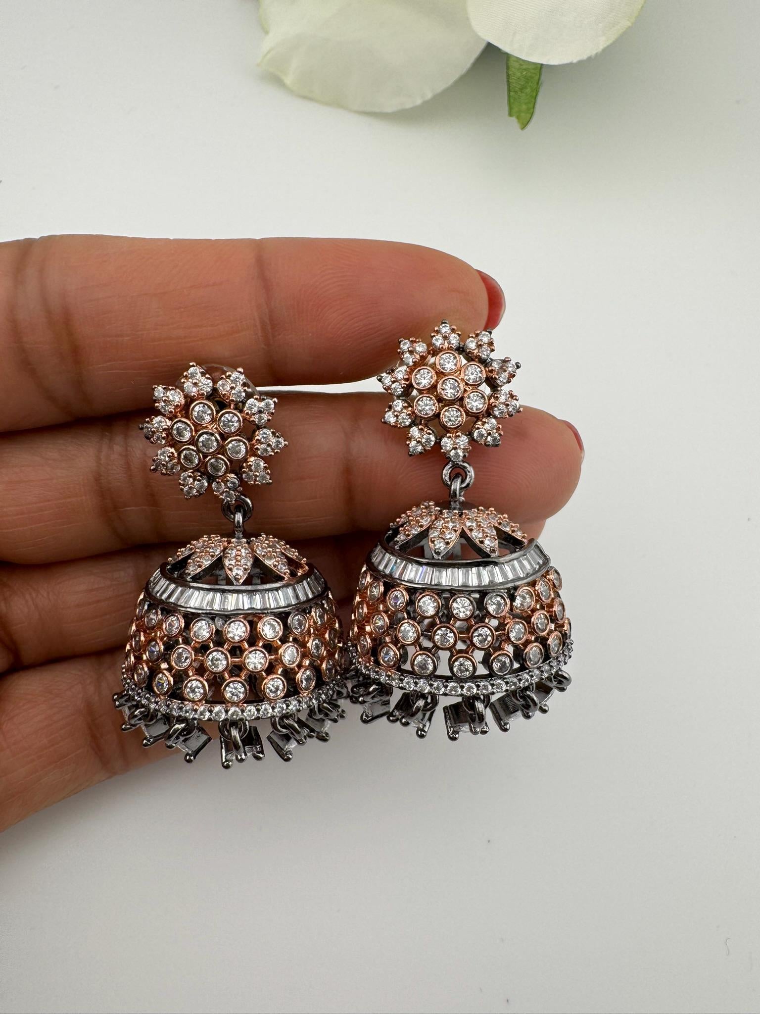 Premium Cubic Zirconia in unique setting Rose Gold color is Victorian designer Statement Jhumka earrings/Partywear bridal/high shine/Jhumki