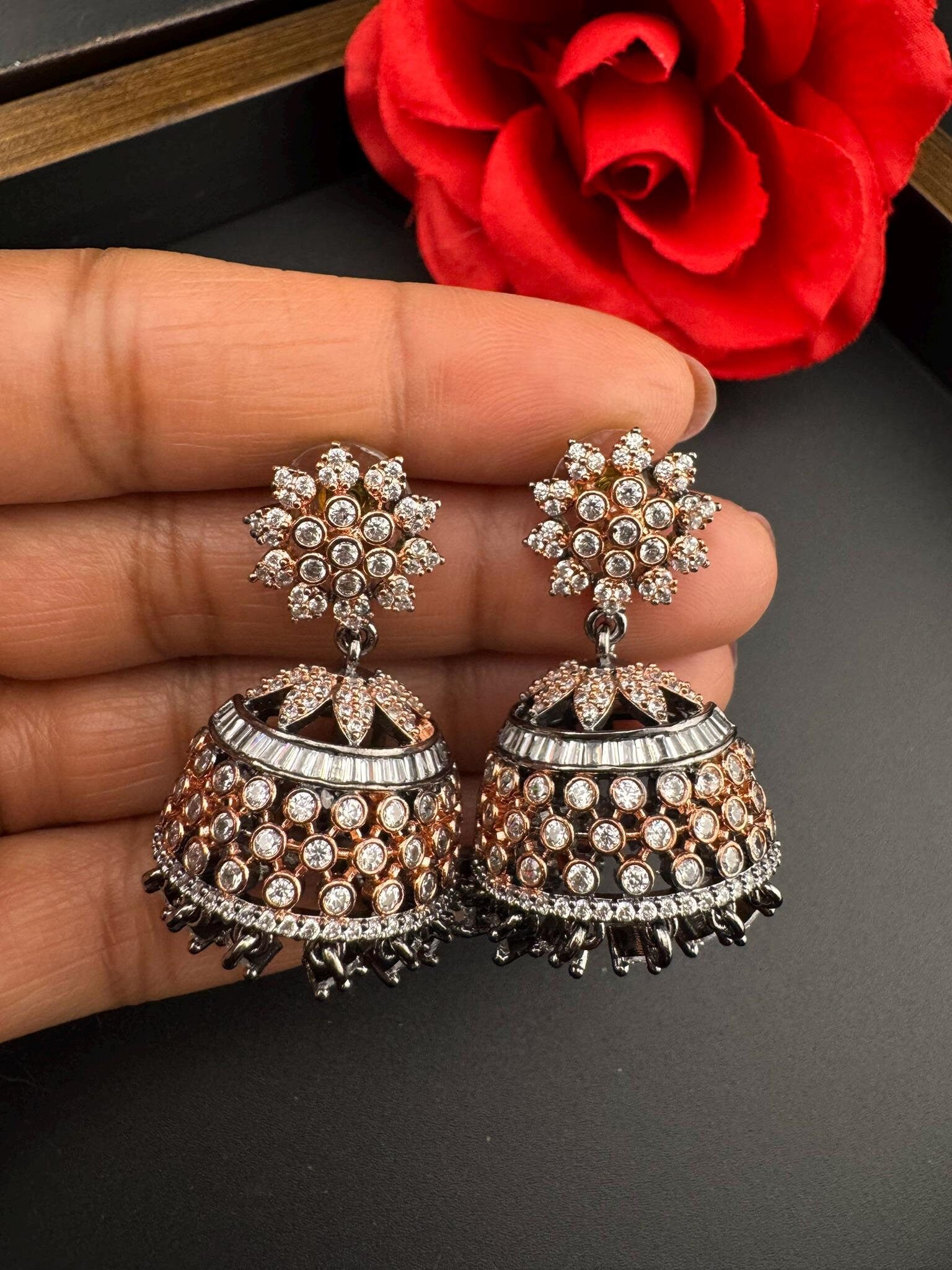 Premium Cubic Zirconia in unique setting Rose Gold color is Victorian designer Statement Jhumka earrings/Partywear bridal/high shine/Jhumki