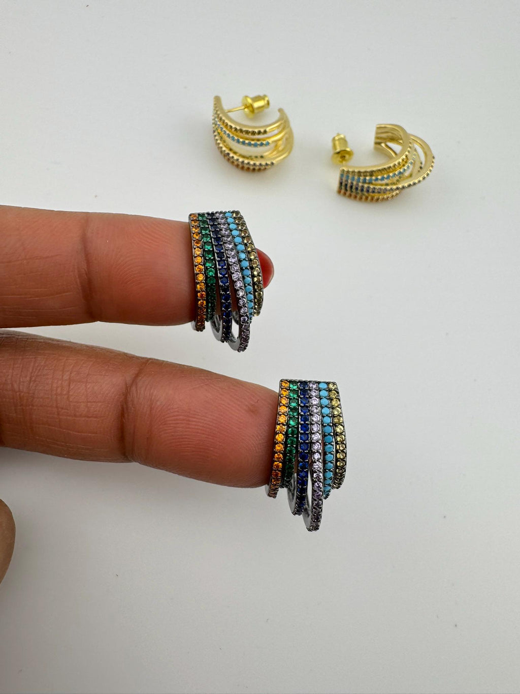 Premium Hoop earrings has Nano setting Cubic Zirconia and Stones is a designer Inspired Statement half Hoop earrings