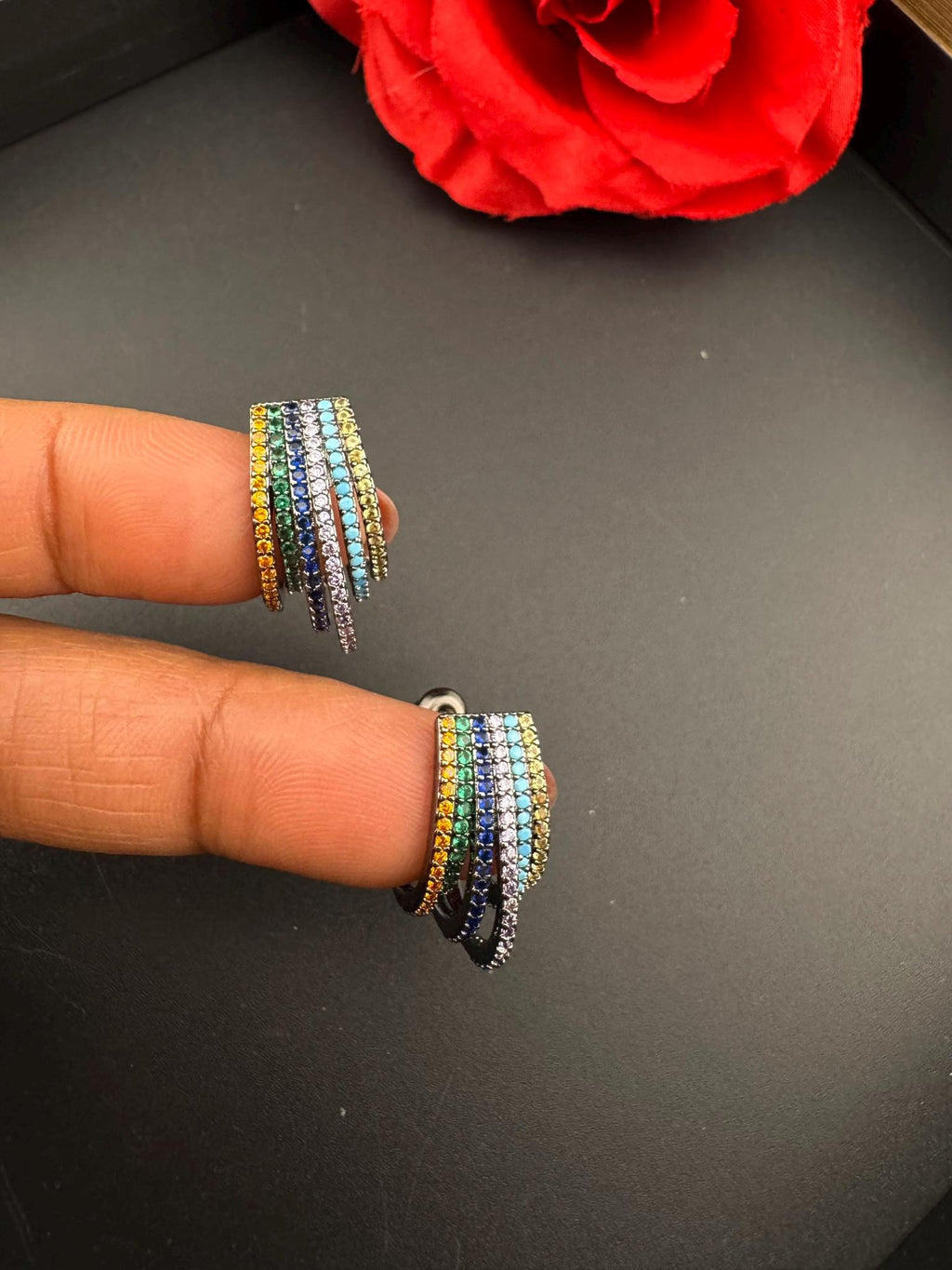 Premium Hoop earrings has Nano setting Cubic Zirconia and Stones is a designer Inspired Statement half Hoop earrings