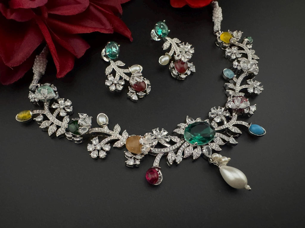 Rama Green Premium American Diamond, Cubic Zirconia, stones and pearls Floral Necklace with earrings