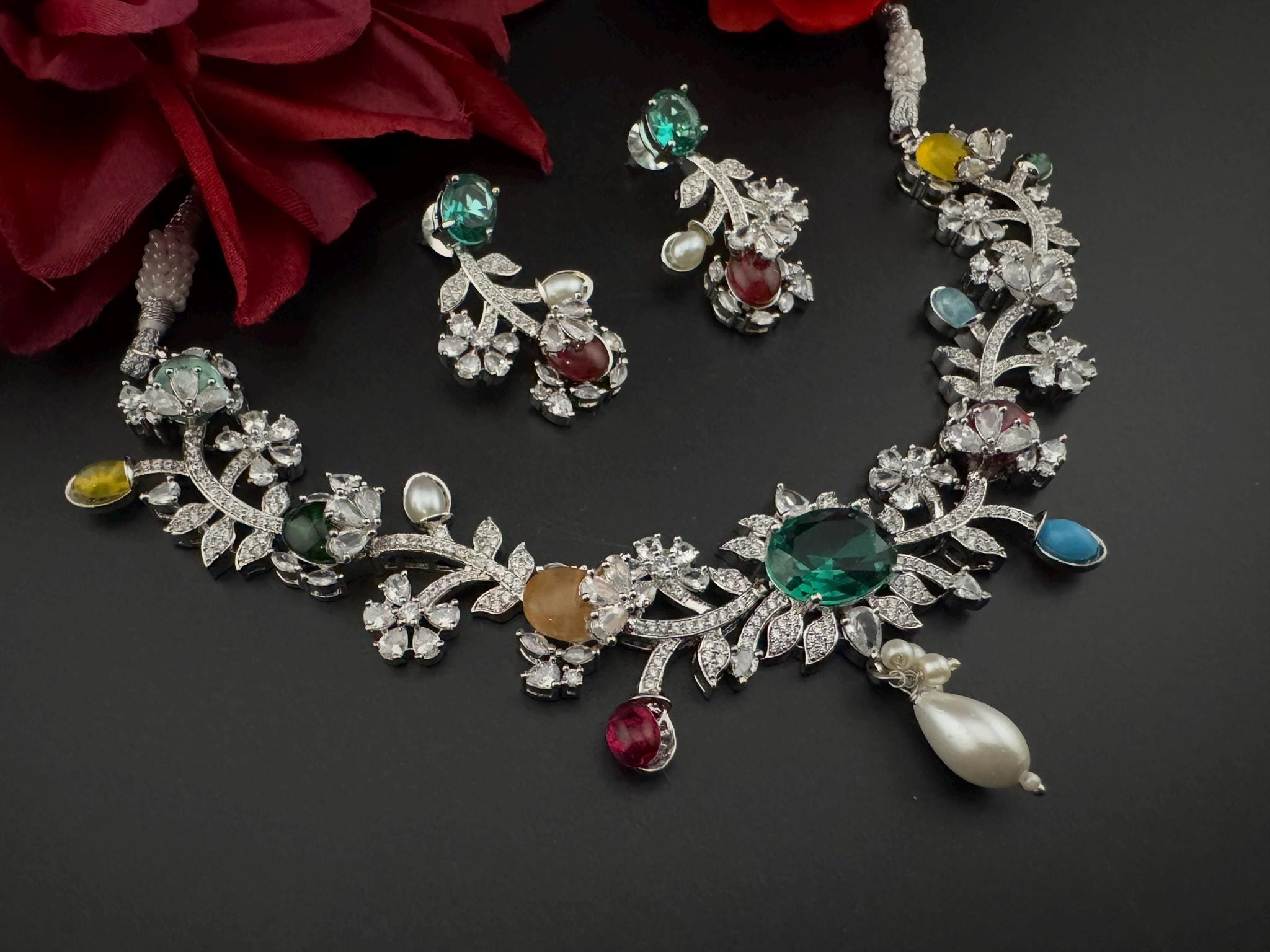 Rama Green Premium American Diamond, Cubic Zirconia, stones and pearls Floral Necklace with earrings