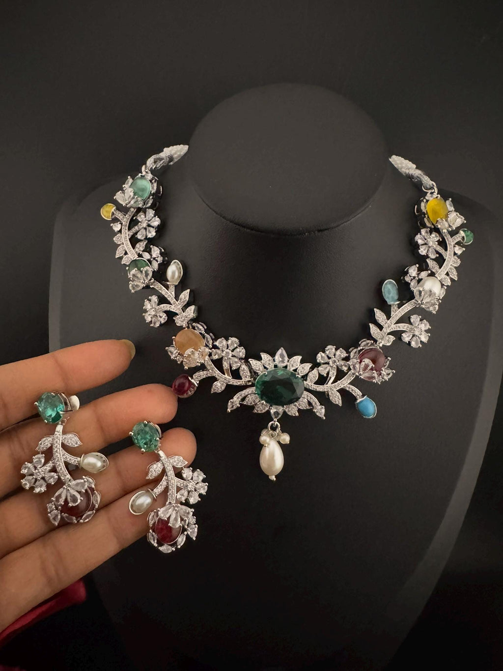 Rama Green Premium American Diamond, Cubic Zirconia, stones and pearls Floral Necklace with earrings