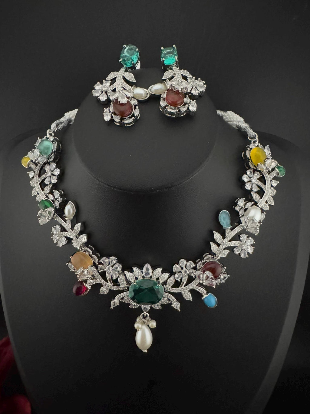 Rama Green Premium American Diamond, Cubic Zirconia, stones and pearls Floral Necklace with earrings