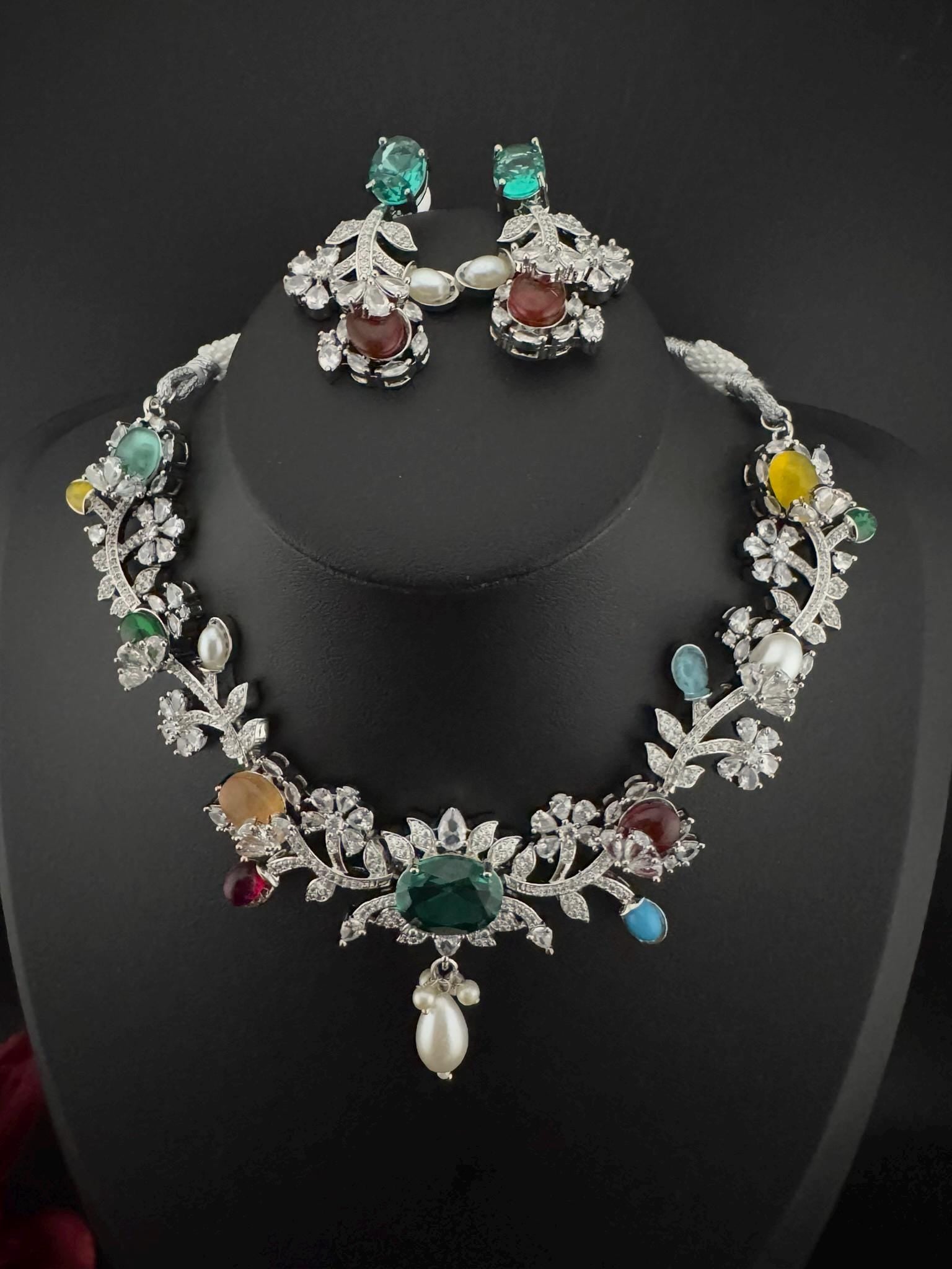 Rama Green Premium American Diamond, Cubic Zirconia, stones and pearls Floral Necklace with earrings