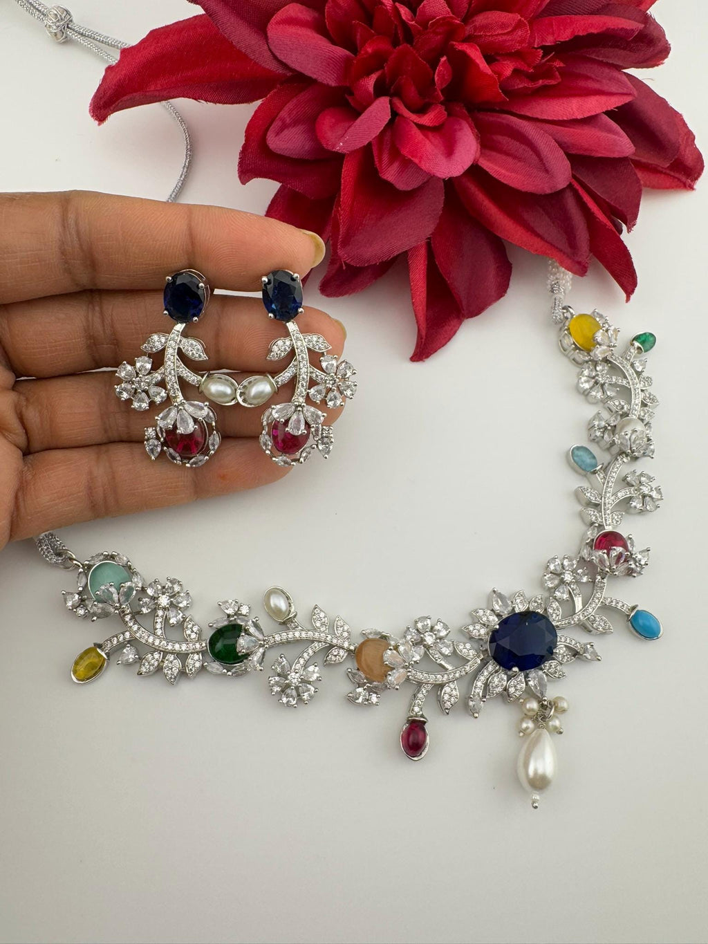 Blue Premium American Diamond, Cubic Zirconia, stones and pearls Floral Necklace with earrings