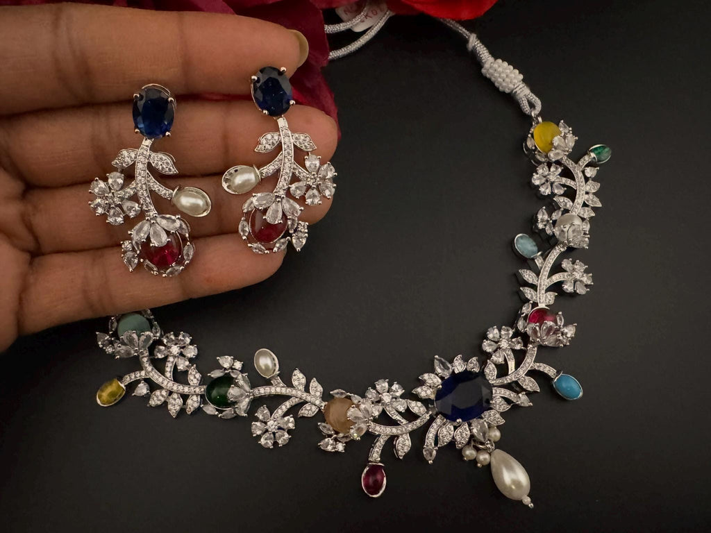 Blue Premium American Diamond, Cubic Zirconia, stones and pearls Floral Necklace with earrings