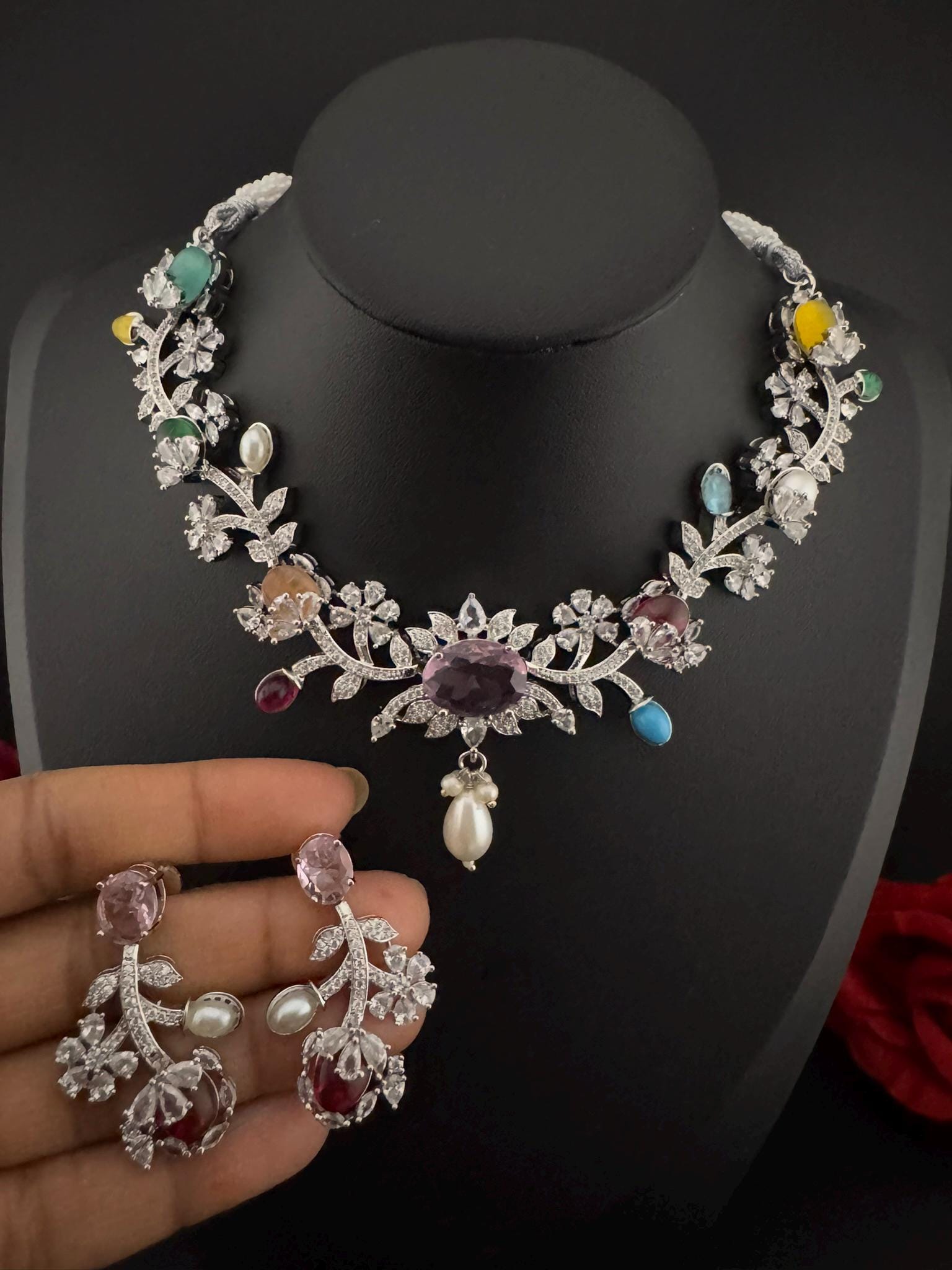 Pink Premium American Diamond, Cubic Zirconia, stones and Pearls Floral Necklace with earrings