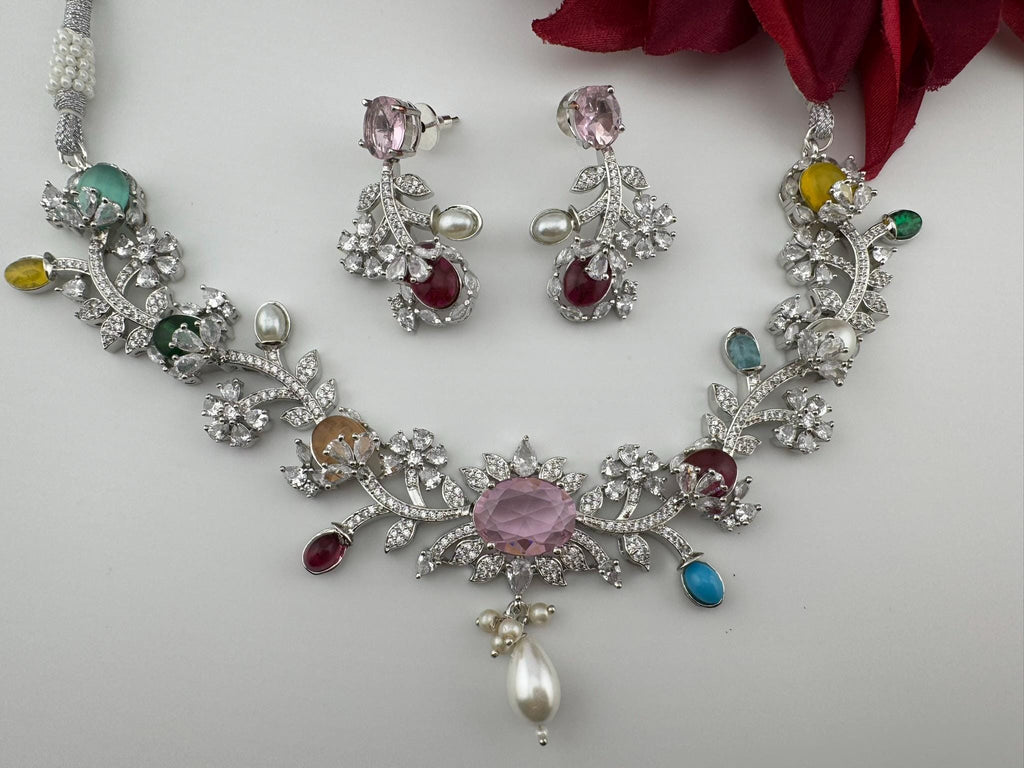 Pink Premium American Diamond, Cubic Zirconia, stones and Pearls Floral Necklace with earrings