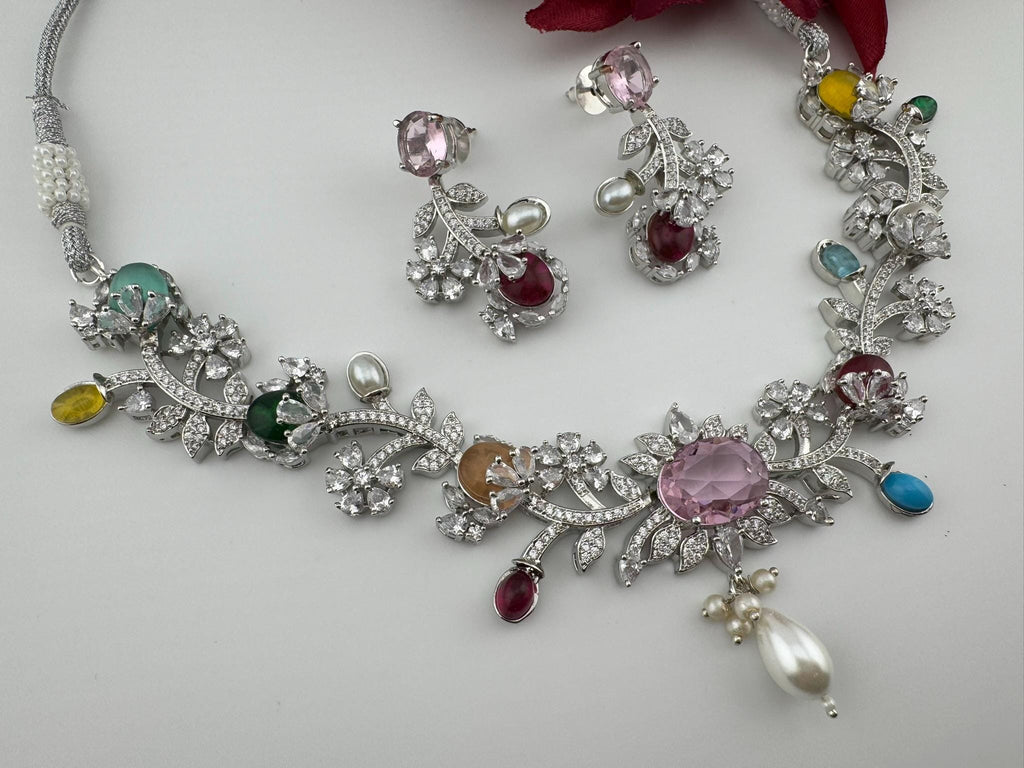 Pink Premium American Diamond, Cubic Zirconia, stones and Pearls Floral Necklace with earrings