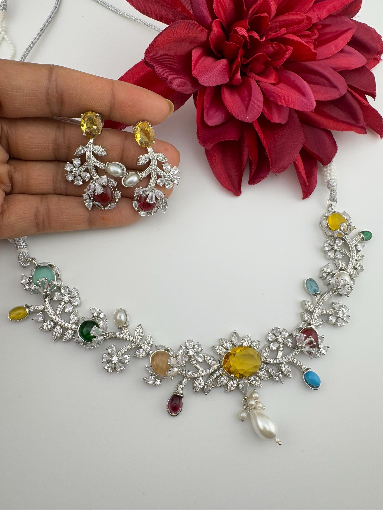 Yellow Premium American Diamond, Cubic Zirconia, Stones and Pearls Floral Necklace with earrings