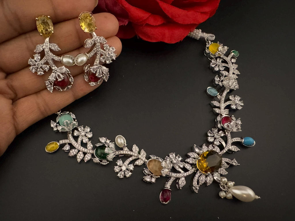 Yellow Premium American Diamond, Cubic Zirconia, Stones and Pearls Floral Necklace with earrings