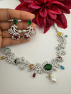 Green Premium American Diamond, Cubic Zirconia, Stones and Pearls Floral Necklace with earrings