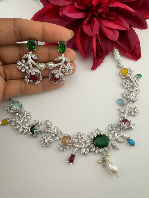 Green Premium American Diamond, Cubic Zirconia, Stones and Pearls Floral Necklace with earrings