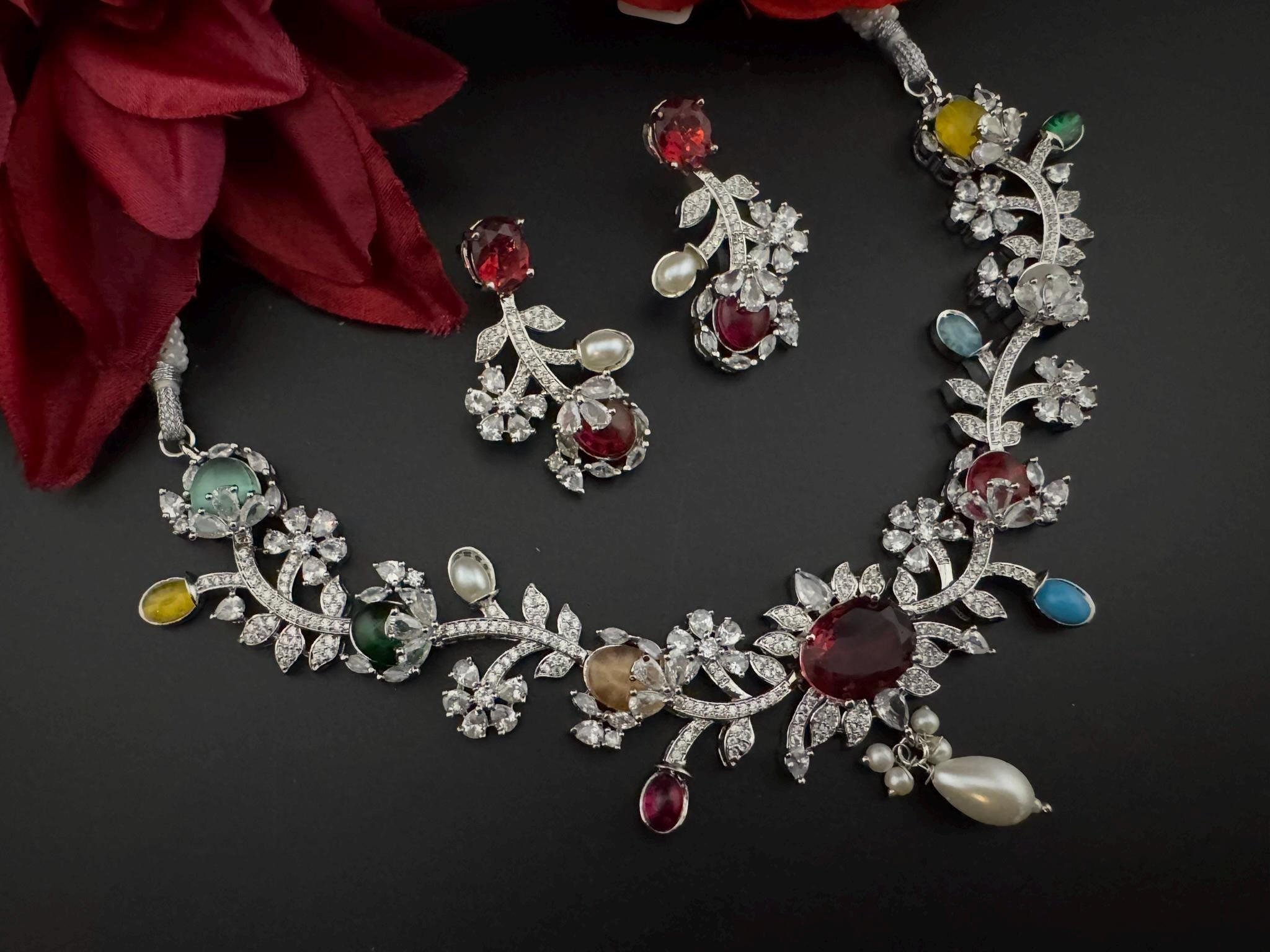 Red Premium American Diamond, Cubic Zirconia, Stones and Pearls Floral Necklace with earrings