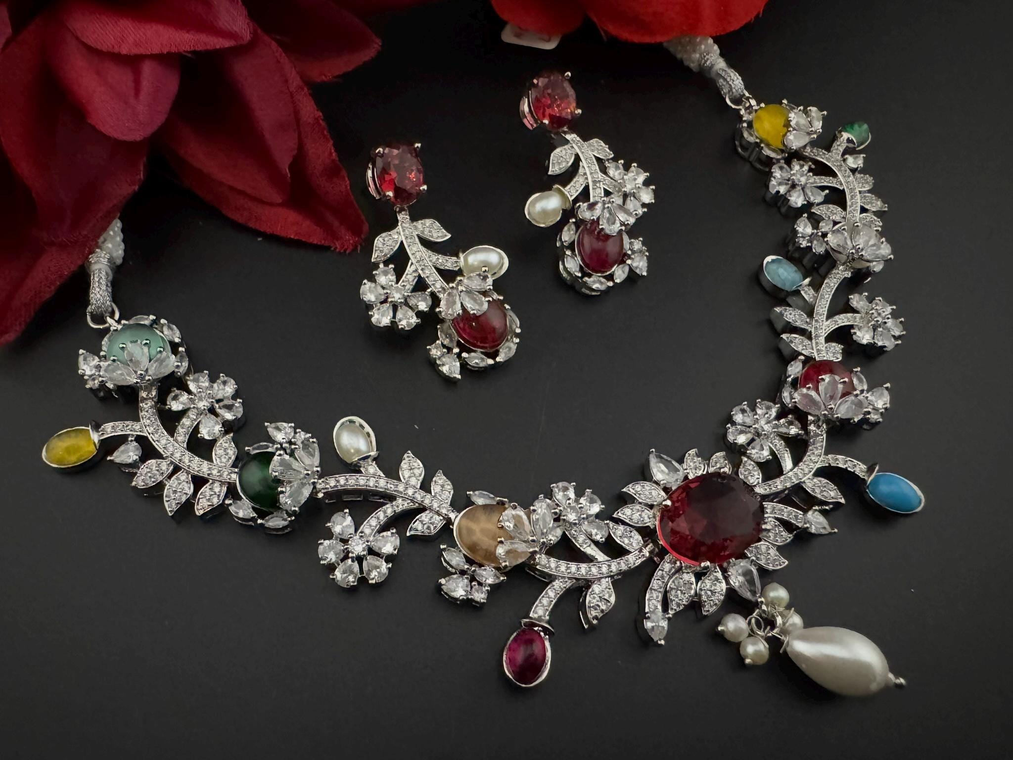 Red Premium American Diamond, Cubic Zirconia, Stones and Pearls Floral Necklace with earrings