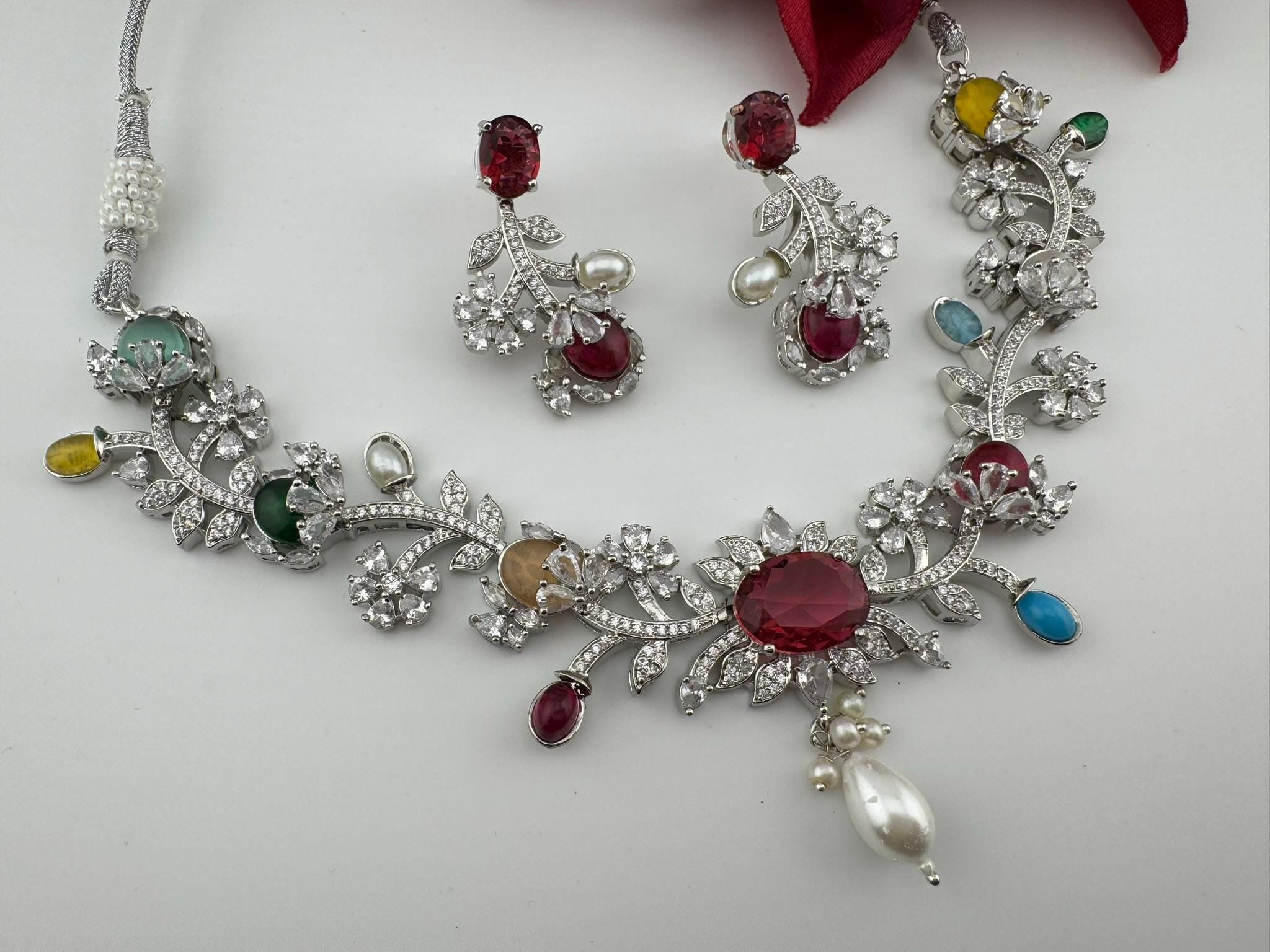Red Premium American Diamond, Cubic Zirconia, Stones and Pearls Floral Necklace with earrings
