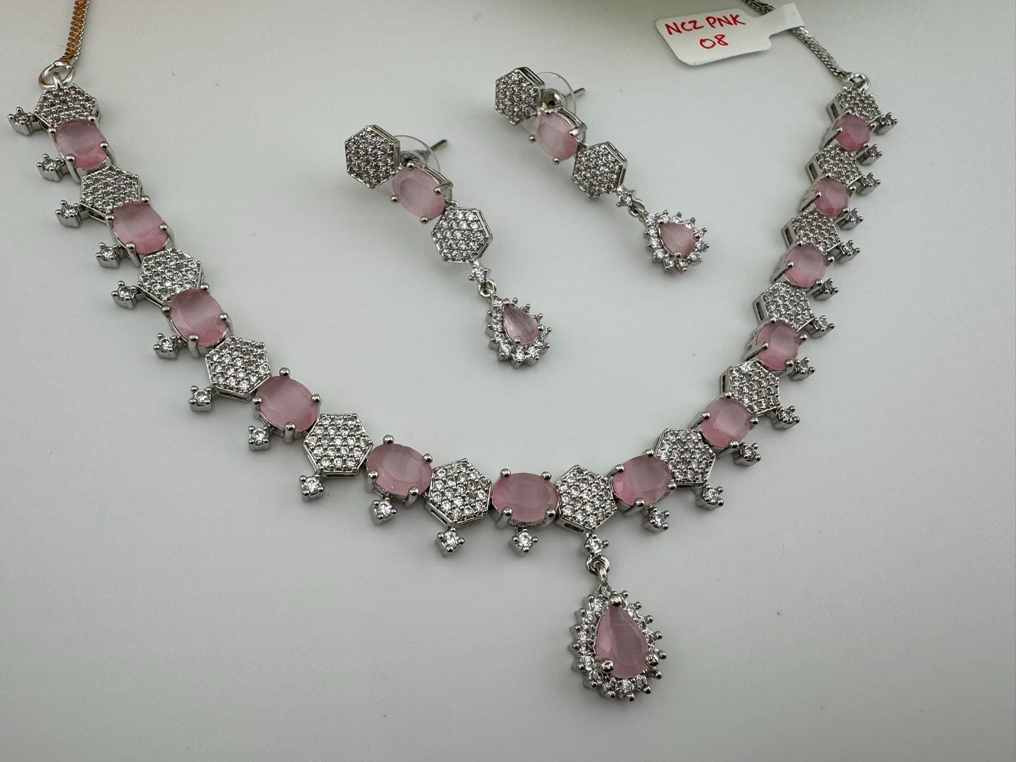 Premium Silver Polish American Diamond, Cubic Zirconia, glass stone Sleek Necklace set with long earrings