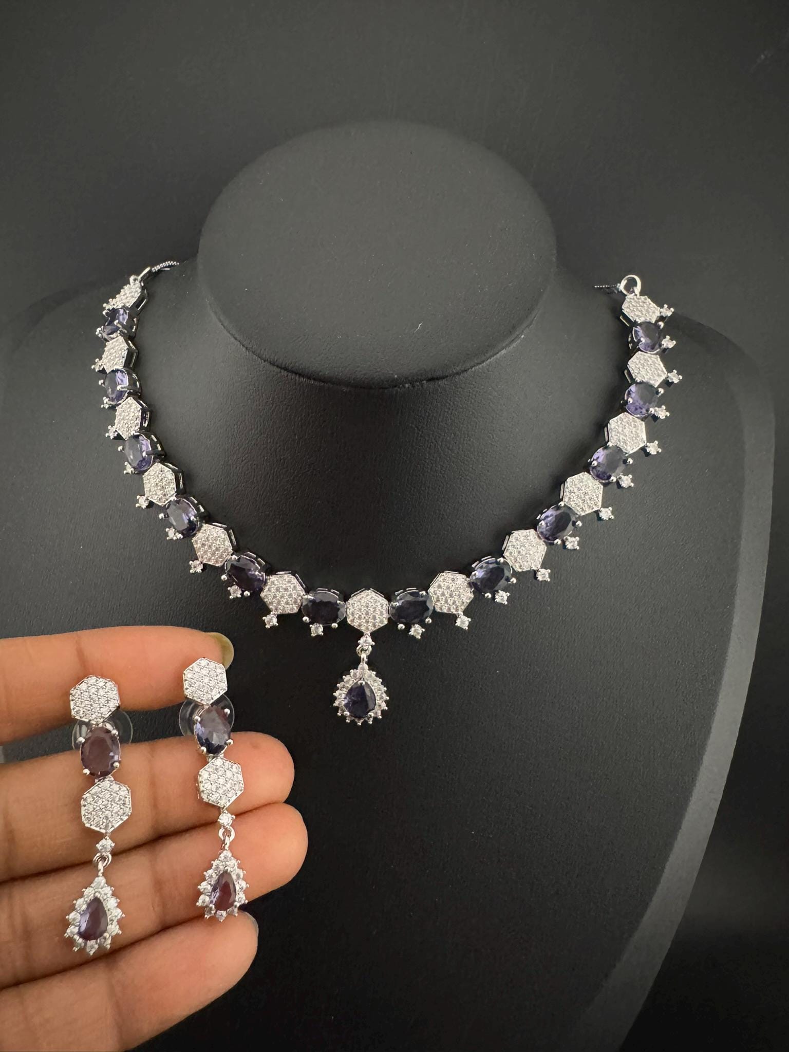 Premium Silver Polish American Diamond, Cubic Zirconia, glass stone Sleek Necklace set with long earrings